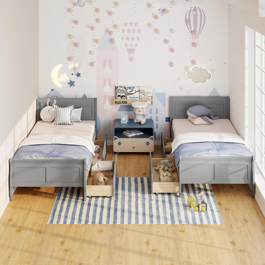 KOMFOTT Twin Bed with 2 Drawers, Twin Storage Bed with Headboard & Footboard, Sleigh Wood Bed Frame with Wooden Slats Support for Kids, Teens, Adults, No Box Spring Needed, Grey