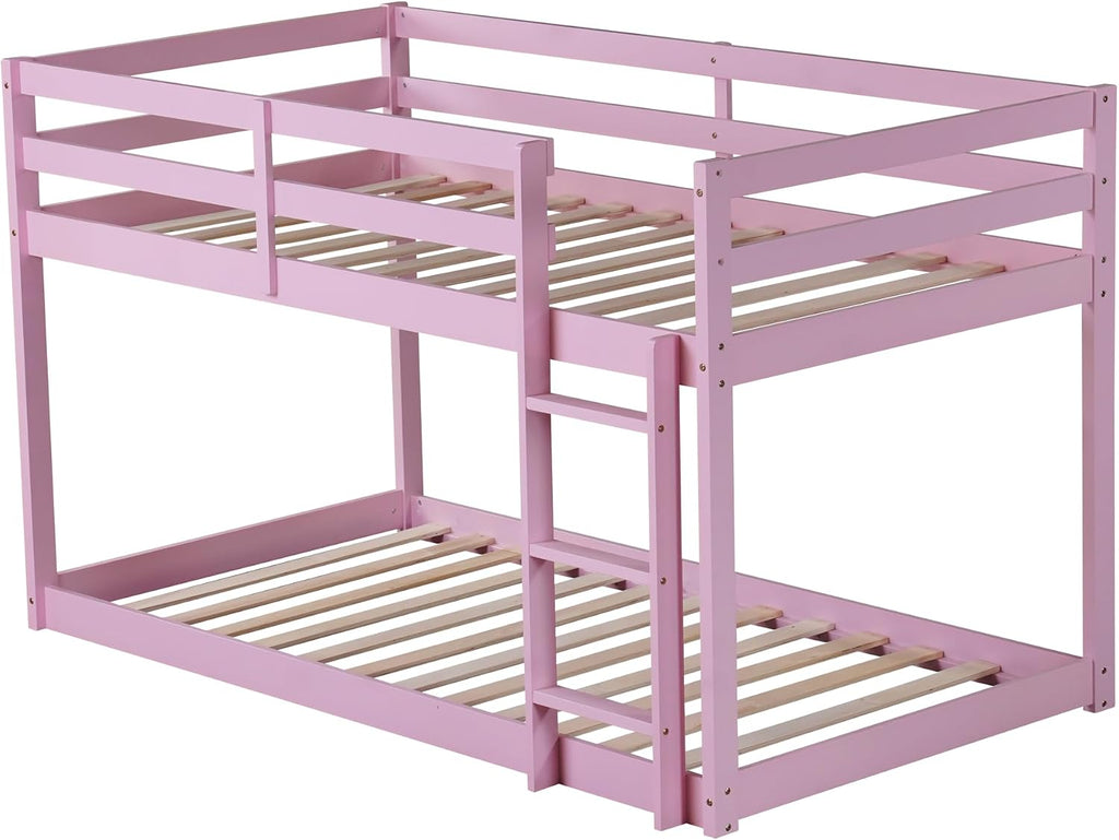 Ball & Cast Bunk Bed Twin Over Twin,Floor Bunk Bed with Ladder,Solid Rubber Wooden Bed Frame w/Full Length Guardrail,for Dormitory, No Box Spring Needed,for Kids Teens,Pink