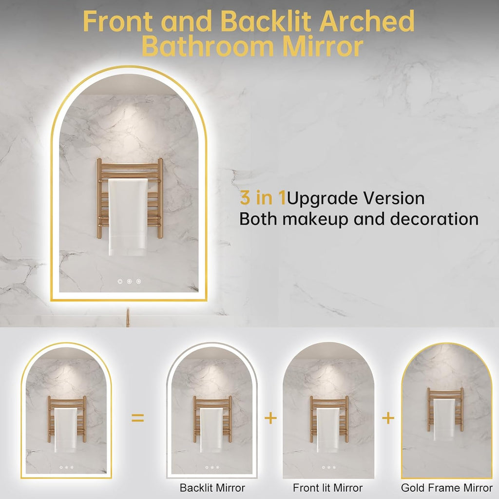 24'x36' Arched LED Mirror for Bathroom, Brushed Gold Lighted Bathroom Mirror with Lights, Fogless, Dimmable, Shatterproof, Touch Sensor, 3 Color Changing
