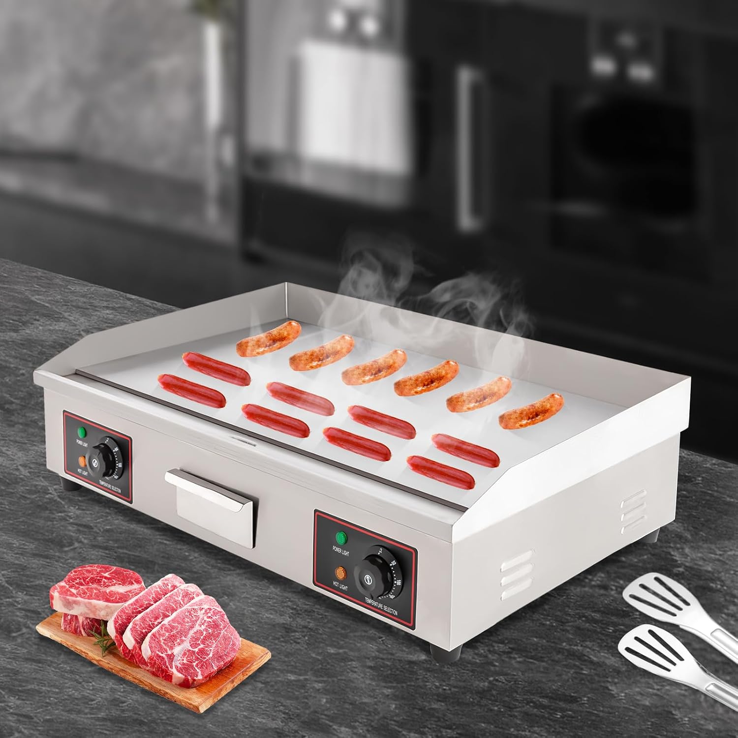 29' Commercial Electric Griddle, 3KW Electric Countertop Flat Top Griddle Adjustable Temp Control 122°F-572°F,Non-Stick Restaurant Teppanyaki Stainless Steel Grill