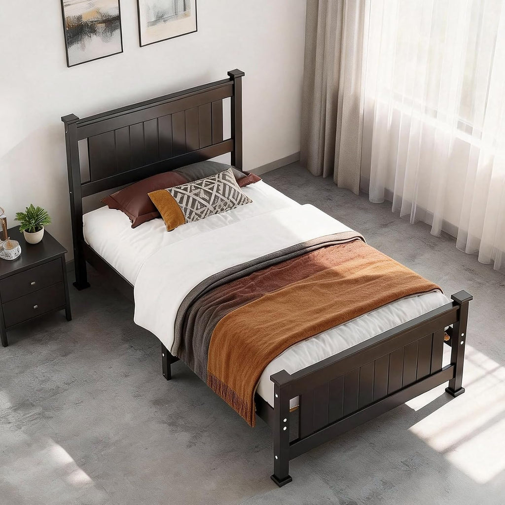 Bonnlo Twin Size Solid Wood Platform Bed Frame, Single Bed with Headboard, No Box Spring Needed Panel Bed, Wood Slat Support Mattress Foundation,Black