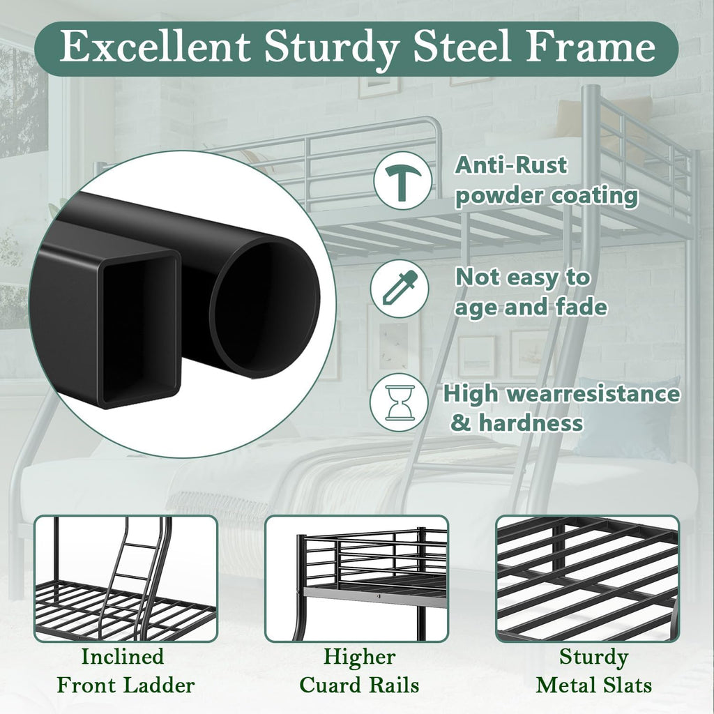 Bunk Beds Twin Over Full Size, Heavy Duty Bunk Beds with Bottom Space & Guardrail Metal Bunk Bed Frame for Adults Dorm Bedroom Guest Room, No Box Spring Needed（Upgrate Black）