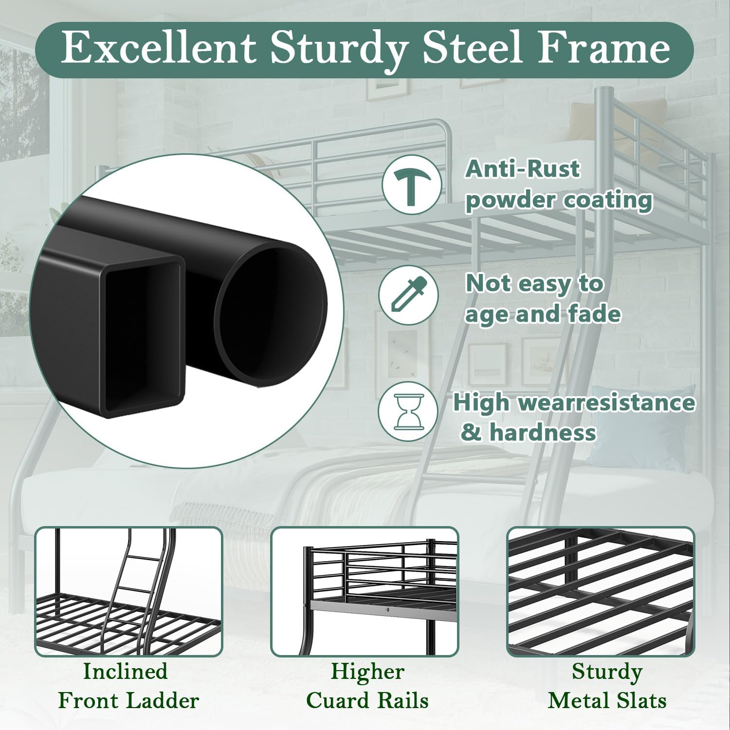 Bunk Beds Twin Over Full Size, Heavy Duty Bunk Beds with Bottom Space & Guardrail Metal Bunk Bed Frame for Adults Dorm Bedroom Guest Room, No Box Spring Needed（Upgrate Black）