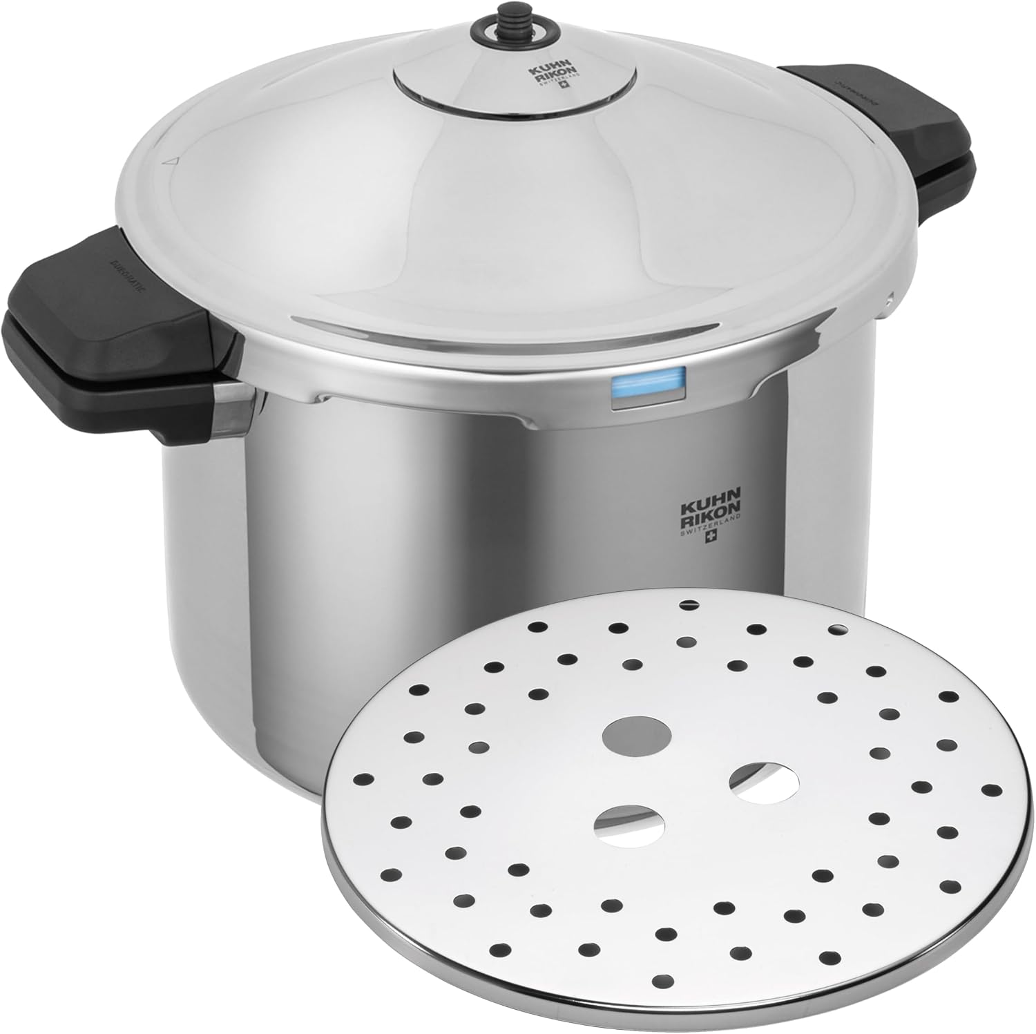 Kuhn Rikon DUROMATIC® Pressure Cooker 11' 8.45 qt family of 6 wide base for better braising, Stainless