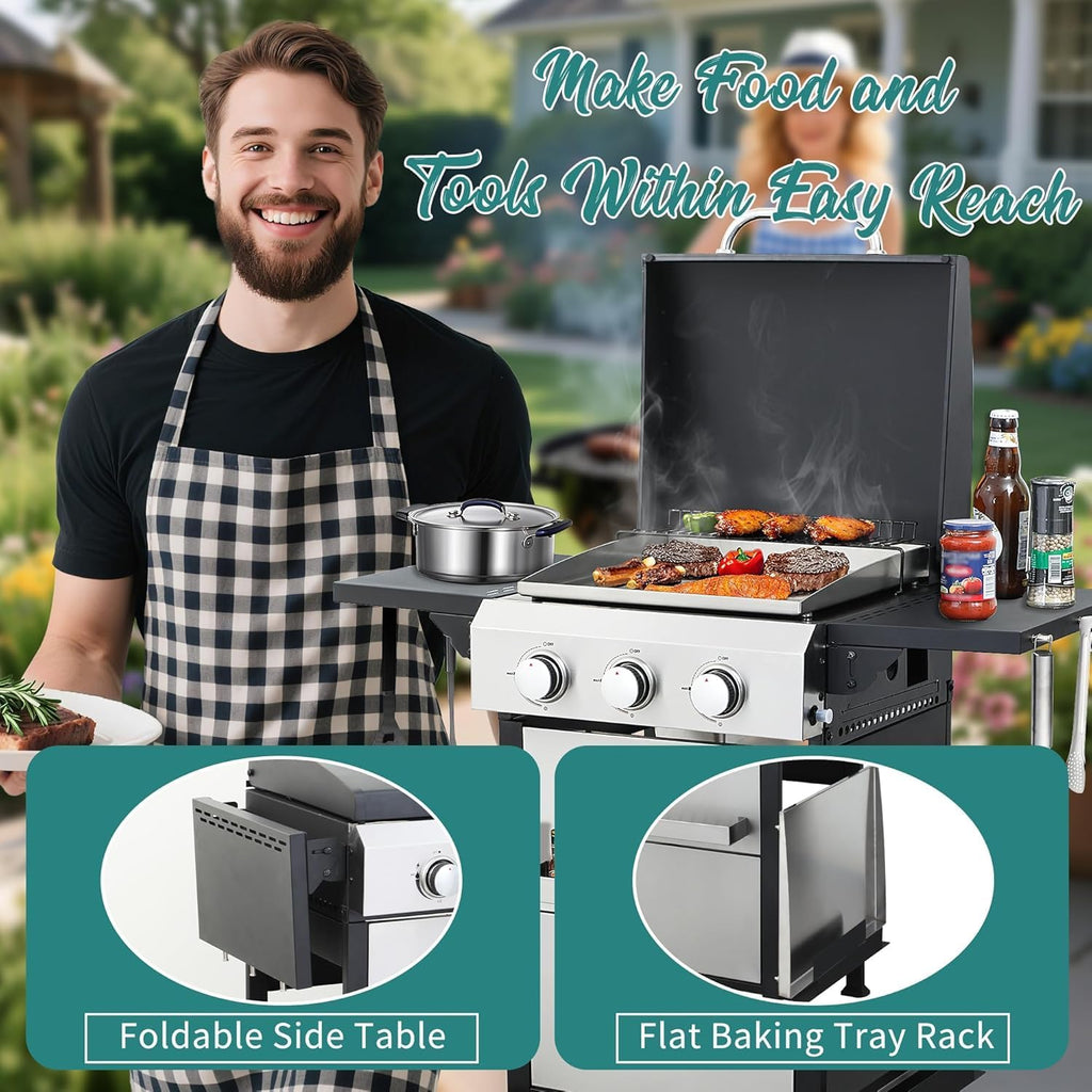 3 Burner Propane Gas Grill with Foldable Side Tables & Lid, 30,000 BTU Outdoor BBQ Grill for Backyard Patio - Stainless Steel Plancha & Cast Iron Cooking Grids Combo