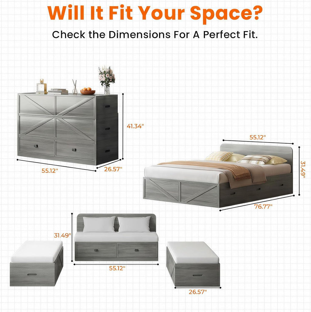 CECER Full Size Murphy Bed with Mattress Include，Murphy Bed Full with Storage Drawers，Multi-Functional Desgin that Converts to Sofa Set for Small Spaces/Guest Room/Bedroom（Grey）