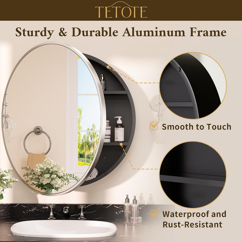 TETOTE 24 x 24 Inch Medicine Cabinet Mirror Brushed Nickel Framed Round Mirrored Medicine Cabinets for Bathroom Adjustable Shelves Modern Bathroom Mirror with Storage Wall Mounted
