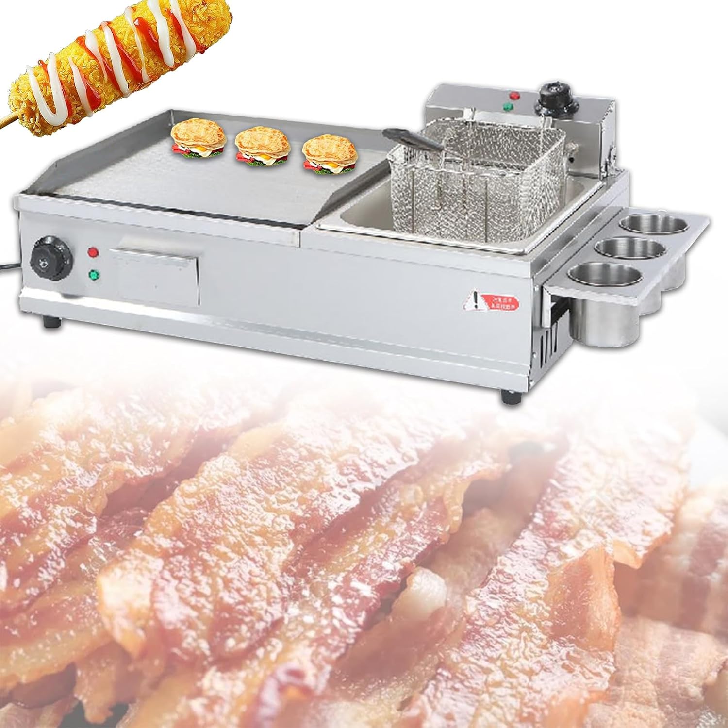 Electric Griddles Large, Griddle Flat Top Grill with Deep Fryer, Countertop Griddle Stainless Steel Grill, Commercial Electric Griddle (Large)