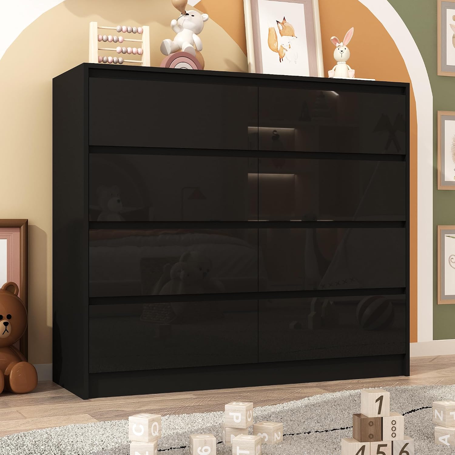 jiteentarou Black Malm High Gloss Dresser for Bedroom, 47' Wide 41' Tall Dresser with 8 Drawers, Modern Large Wood Chest of Drawer Handle Free, Living Room, Entryway, Hallway, Black