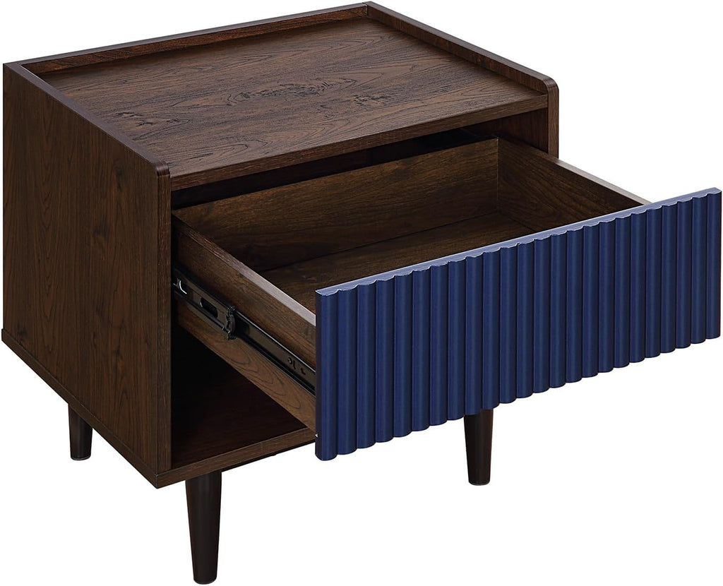Manhattan Comfort Duane Fluted Nightstand with Full Extension Drawer and Open Shelf, Steel Legs, Bedside Table, Industrial Chic Accent Table for Living Room, Entryway and Bedroom in Navy Blue