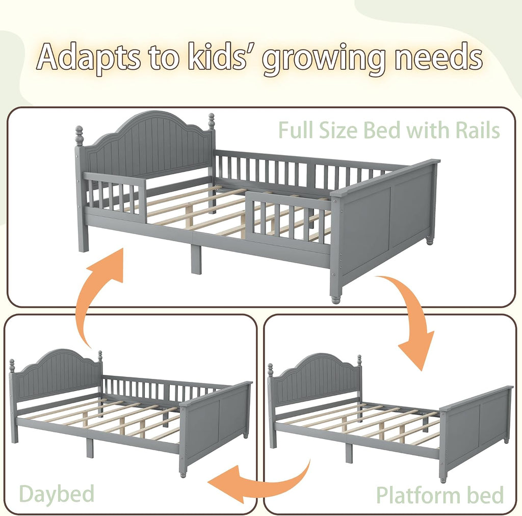 Full Size Kids Bed with Full-Length Guardrail,Low Profile Bed Frame with Headboard and Footboard,Wooden Platform Bed with 6.7-inch Under Bed Storage,Slats Support,Roman Column Design,Gray