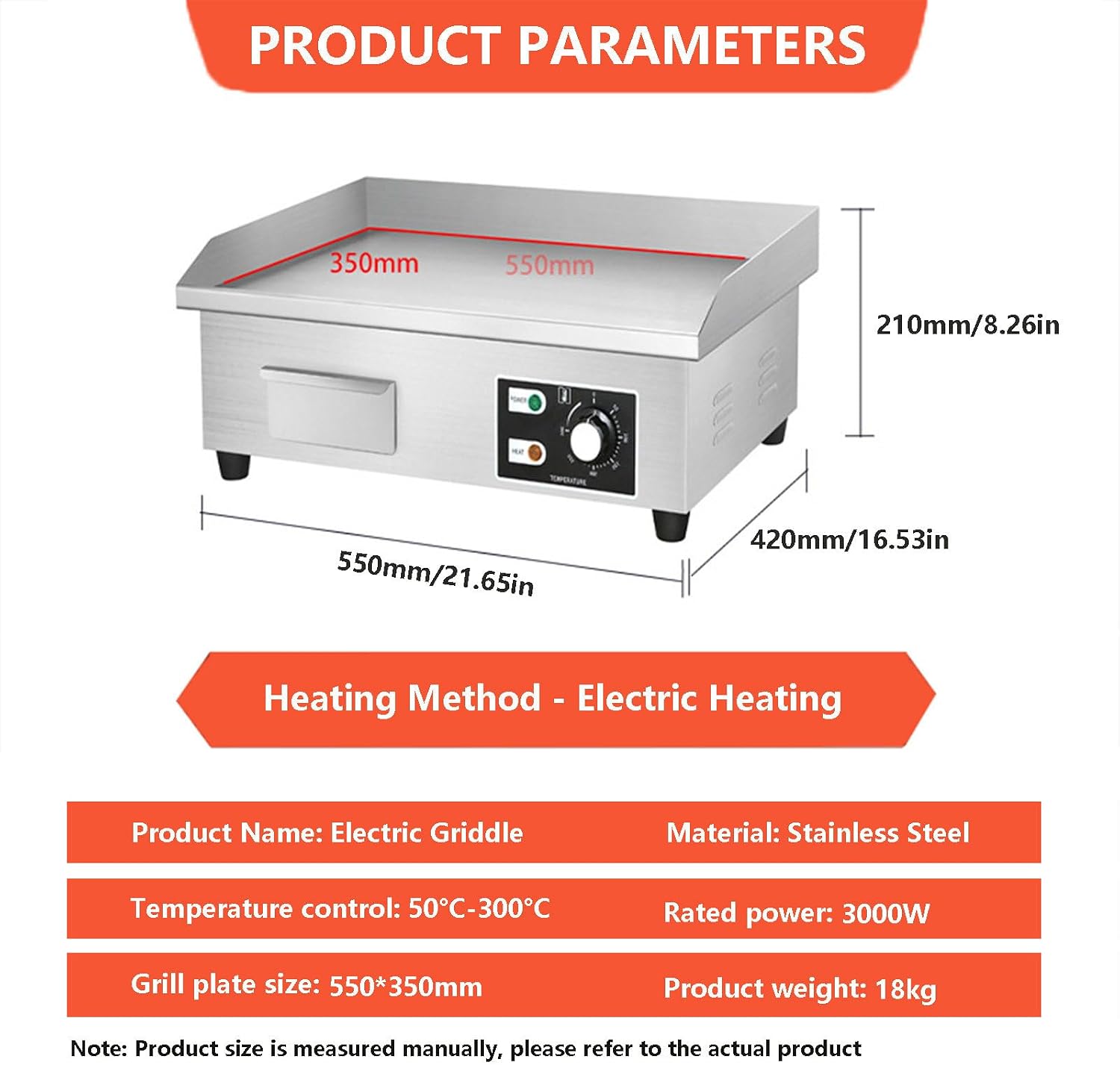Electric Flat Top Grill Commercial Griddle 50-300℃, Stainless Steel Steak Bacon Fryer For Outdoor Camping, With Raised Baffle & Oil Storage Box & Radiation Hole & Rubber Feet,3000W-2