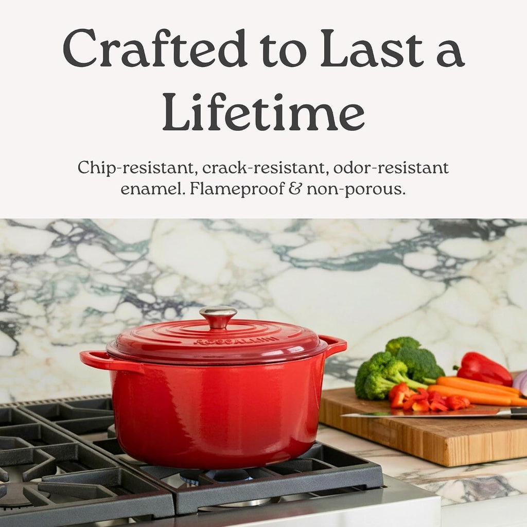 ROSSALLINI Signature Enameled Cast Iron Oval Dutch Oven | Non-Stick Serving Pot with Tight Fitting Lid for Perfect Roasting, Baking, Sauteing, and Bread Making | 6.75Q [Indigo Blue]