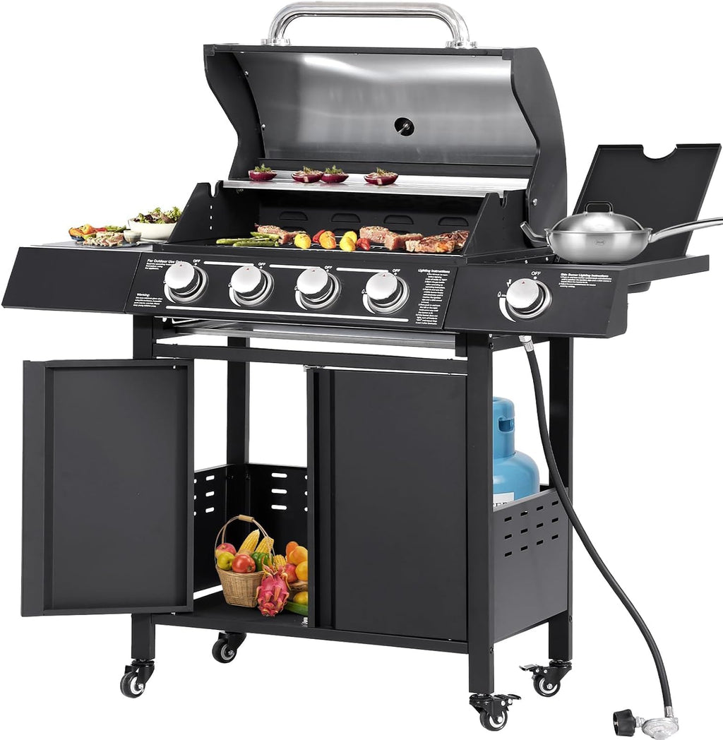 MAGIC UNION 4-Burner Propane Gas Grill with Side Burner, Portable Outdoor BBQ Grill with Wheels, Stainless Steel Grates, Side Tables & Spice Rack, 50000 BTU for Patio (4 Burner Grill)