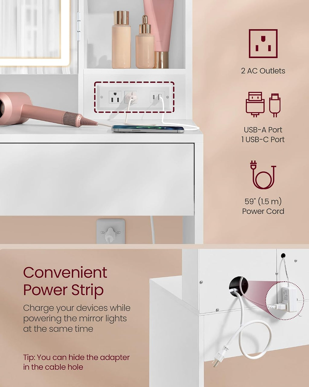 VASAGLE KAILYN Collection - Vanity Desk with Power Outlets, Makeup Vanity with Mirror and Lights, Upholstered Vanity Stool, LED Lights, 6 Compartments, 2 Drawers, for Bedroom, Cloud White URDT031W01