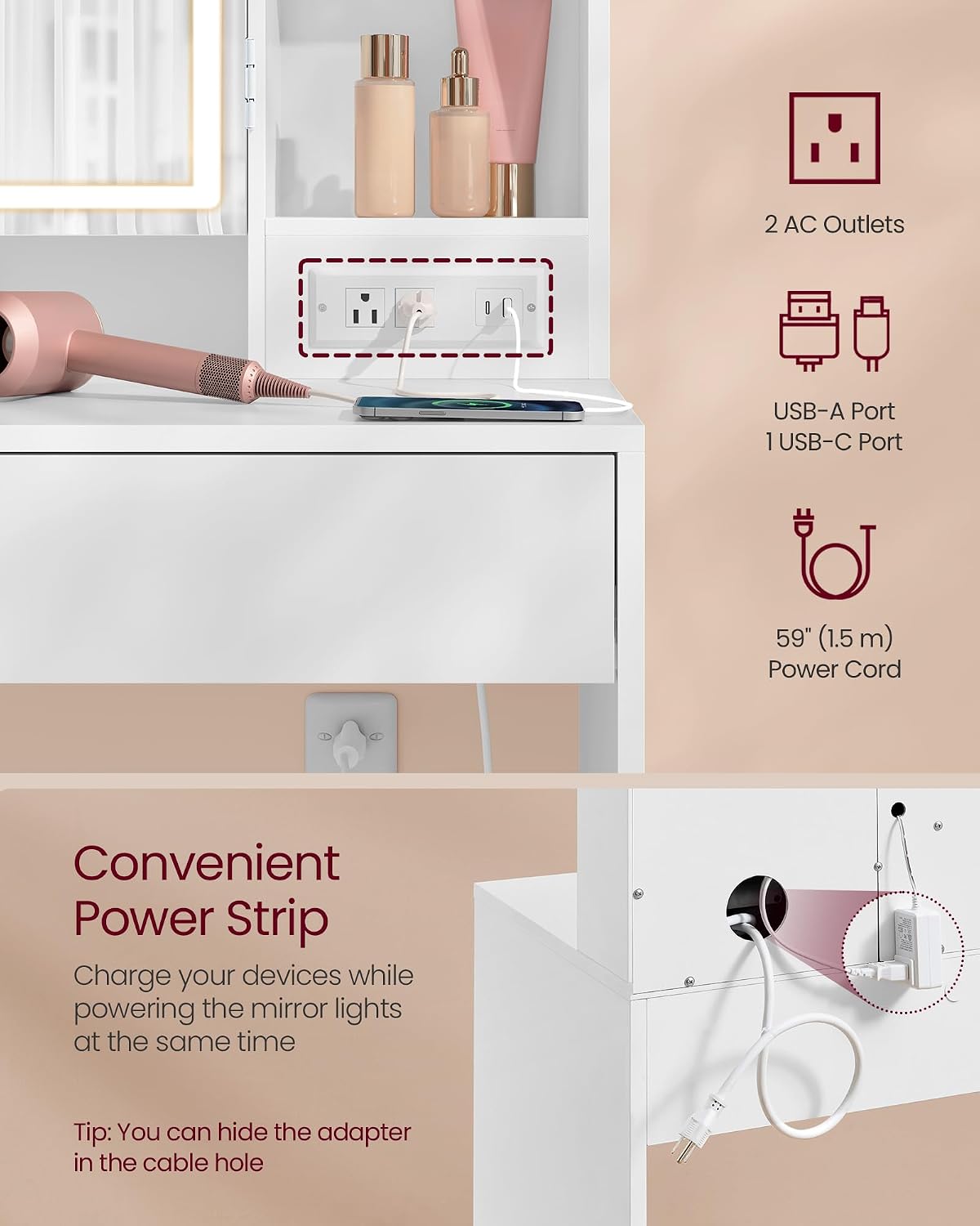 VASAGLE KAILYN Collection - Vanity Desk with Power Outlets, Makeup Vanity with Mirror and Lights, Upholstered Vanity Stool, LED Lights, 6 Compartments, 2 Drawers, for Bedroom, Cloud White URDT031W01