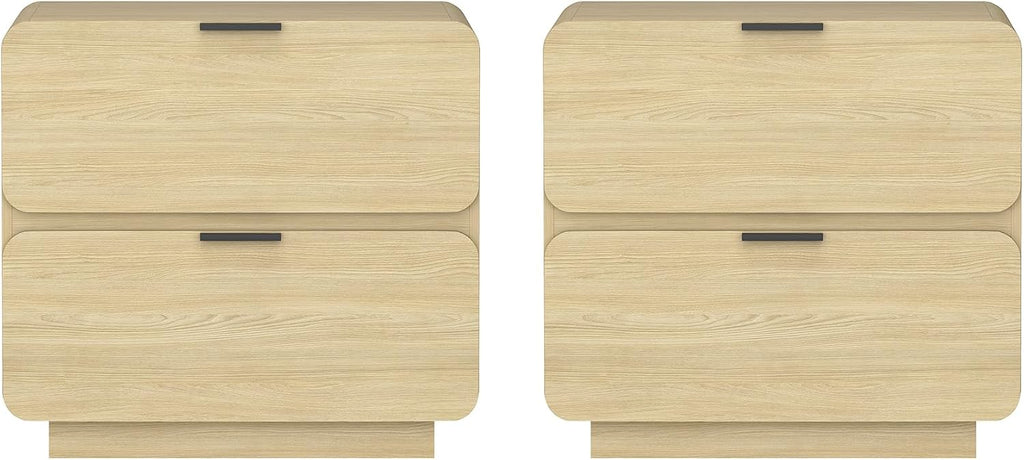 Manhattan Comfort Chrystie Fluted Nightstand 26' Bedside Table with 2 Full Extension Drawers and Metal Handles, Rounded Corners, Wood Grain Finish, Set of 2 for Bedroom or Living Room in Natural