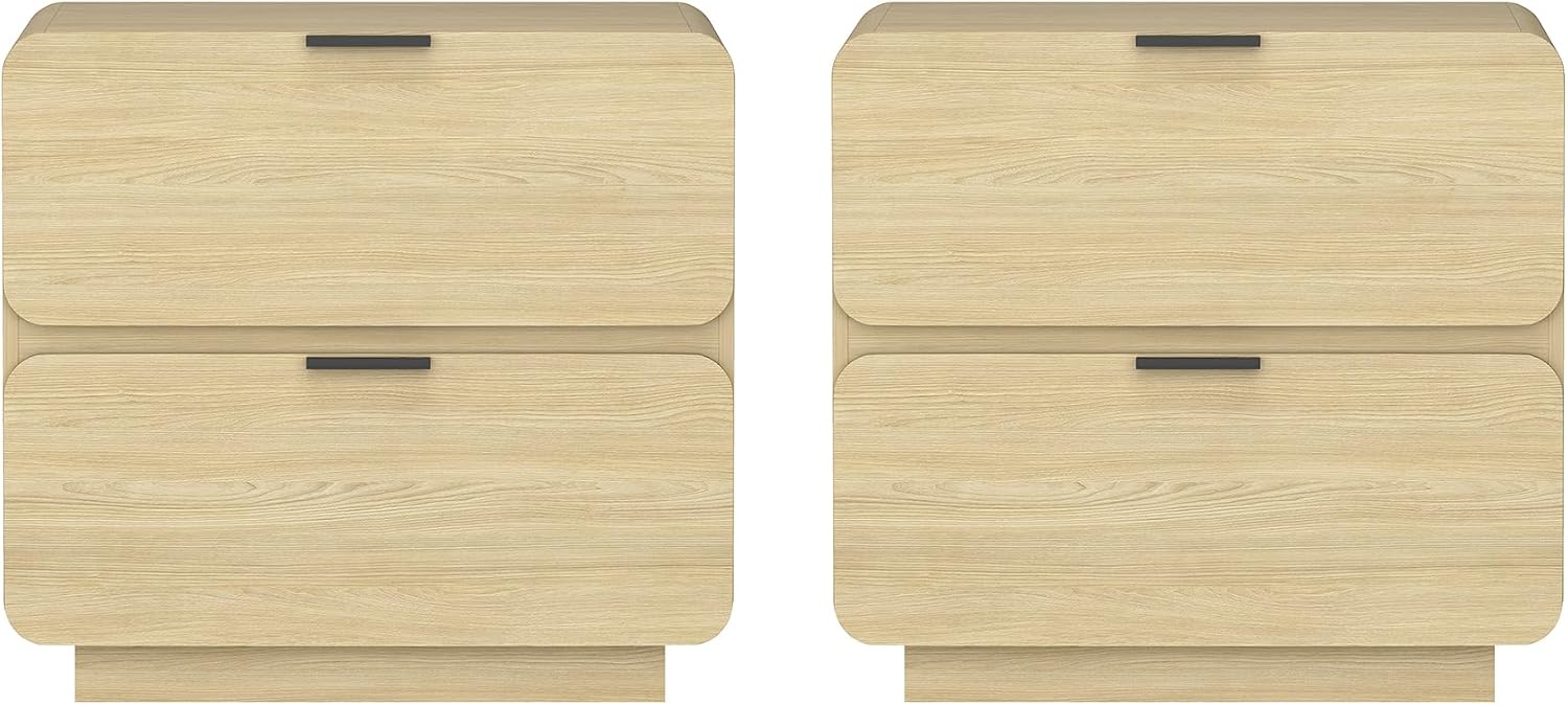 Manhattan Comfort Chrystie Fluted Nightstand 26' Bedside Table with 2 Full Extension Drawers and Metal Handles, Rounded Corners, Wood Grain Finish, Set of 2 for Bedroom or Living Room in Natural