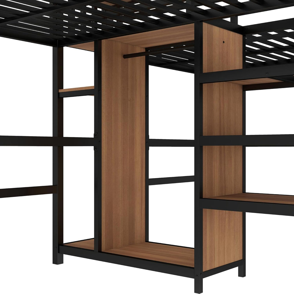 Bellemave Twin Over Twin Metal Loft Bed with Desk and Wardrobe for 2 Kids,Twin Size Heavy Duty Double Loft Bed Frame with Charging Station and Shelves for Boys,Girls,Adults,Woodgrain