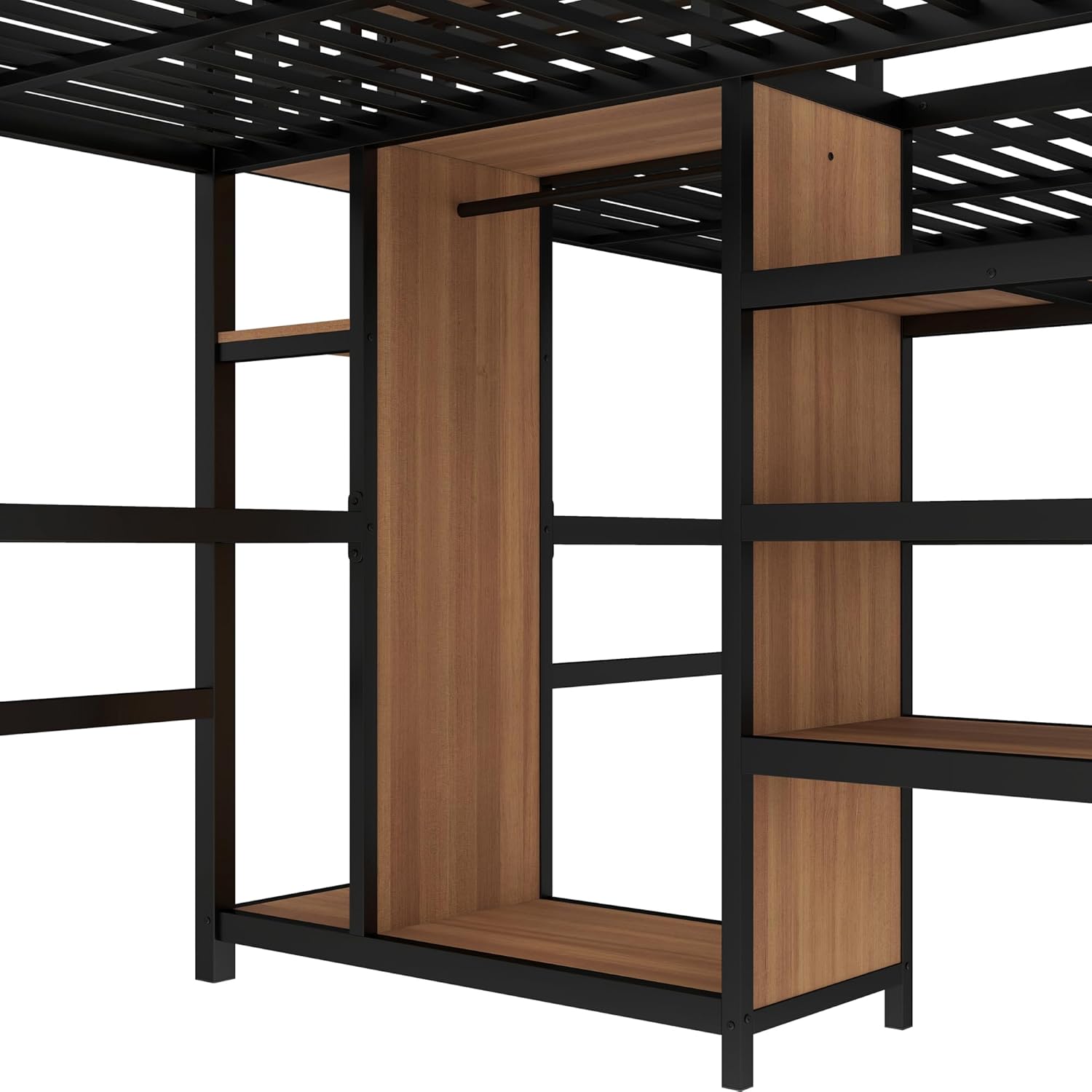 Bellemave Twin Over Twin Metal Loft Bed with Desk and Wardrobe for 2 Kids,Twin Size Heavy Duty Double Loft Bed Frame with Charging Station and Shelves for Boys,Girls,Adults,Woodgrain