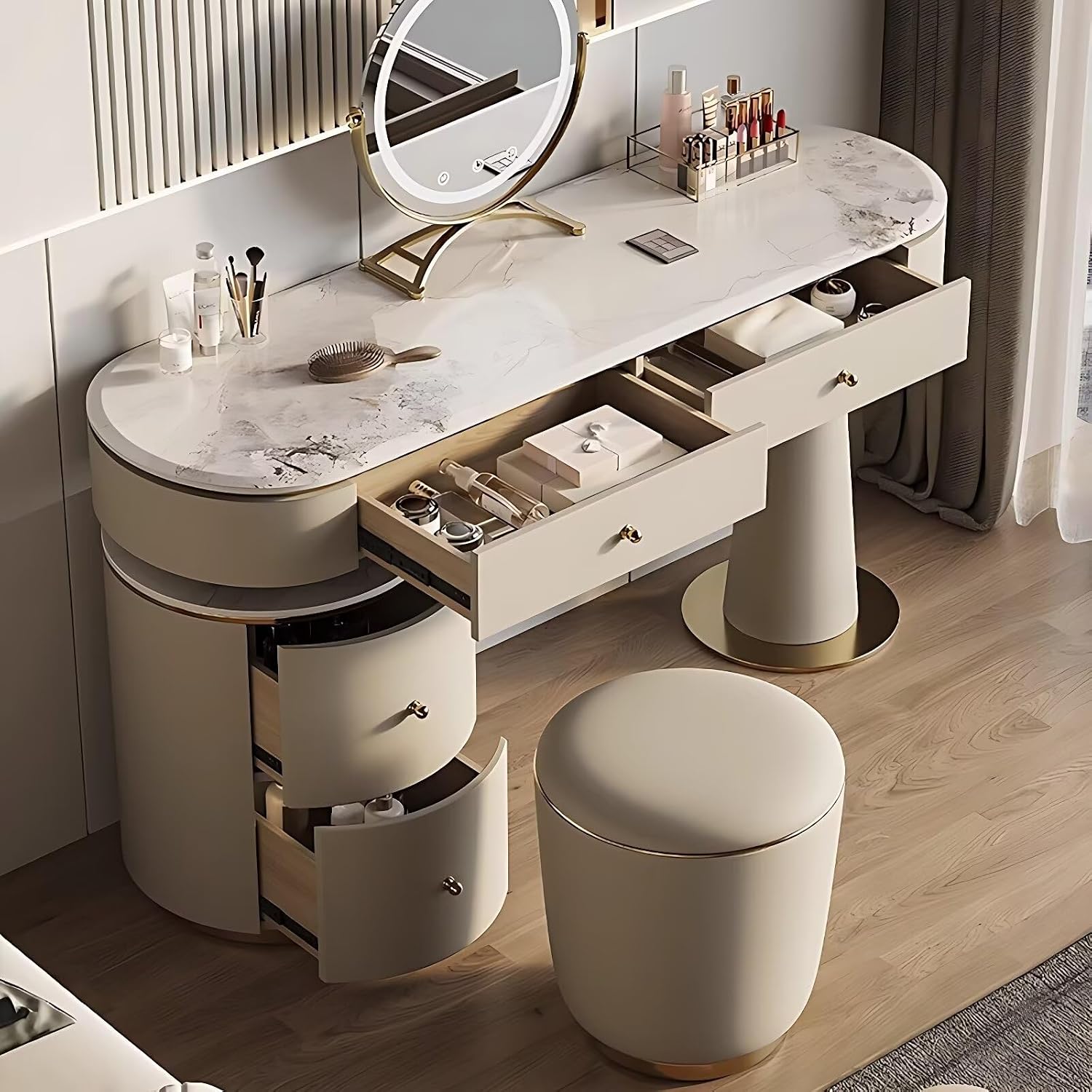 Leather Vanity Set - Solid Wood Makeup Vanity with Rock Slab Countertop, 4 Drawers, Modern Dressing Table Include LED Lights Mirror & Stool, Stainless Steel Base for Bedroom (Beige,47.24'')