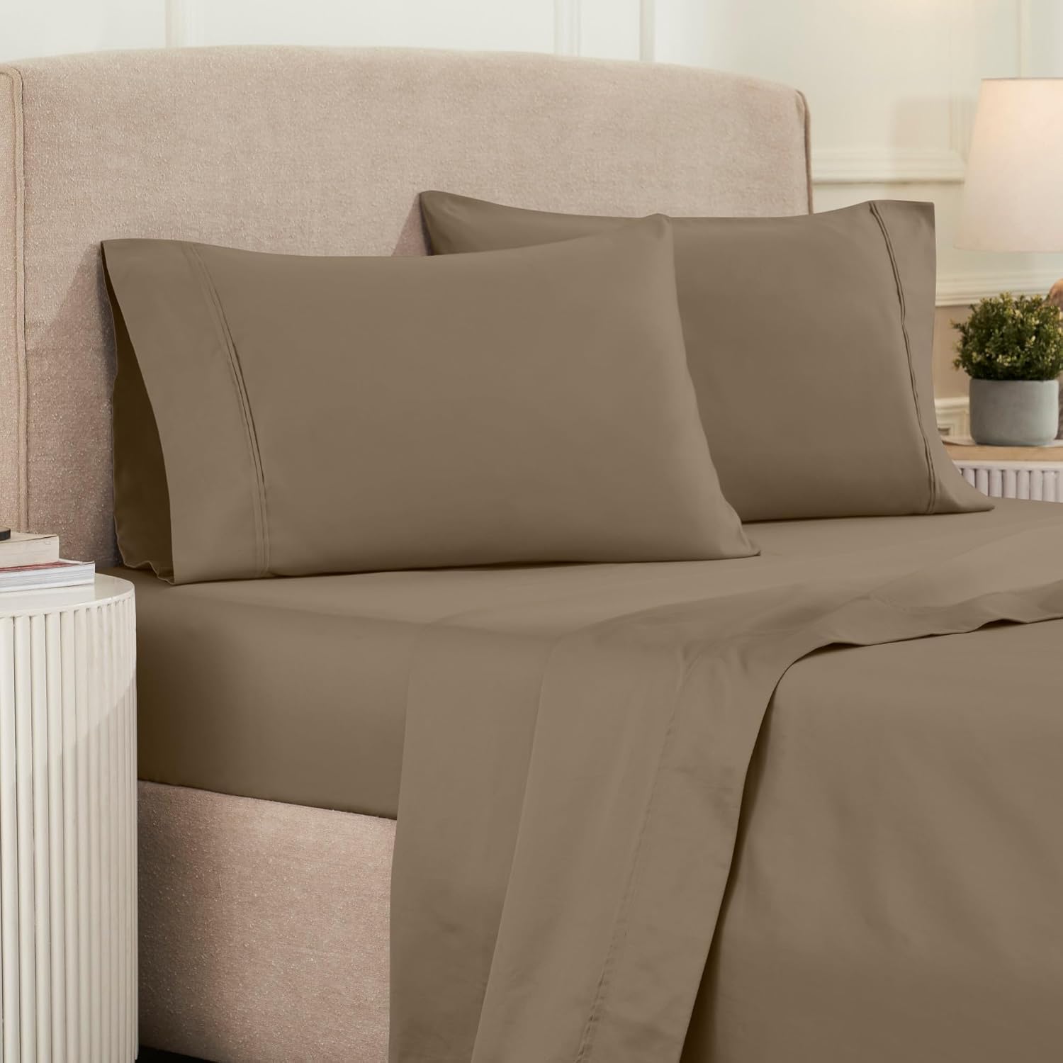 Superior 1200 Thread Count Egyptian Cotton Sheet Set, Bedroom Sheets, Home Essentials, Luxury Bedding, 1 Elastic Deep Pocket Fitted Bed Sheet, 1 Flat Sheet, 2 Pillowcases, California King, Taupe
