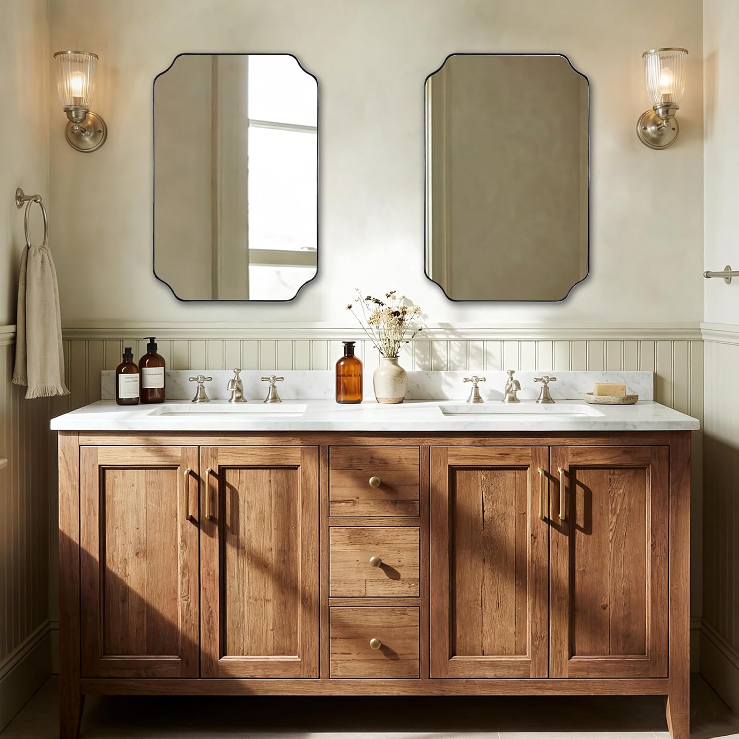 ANDY STAR 20x30 Inch Brushed Nickel Mirror, Silver Bathroom Mirror, Modern Rounded Notched Corner Mirror in Rustproof Stainless Steel Thin Frame, Compact Size Ideal for Small Bathroom Remodel