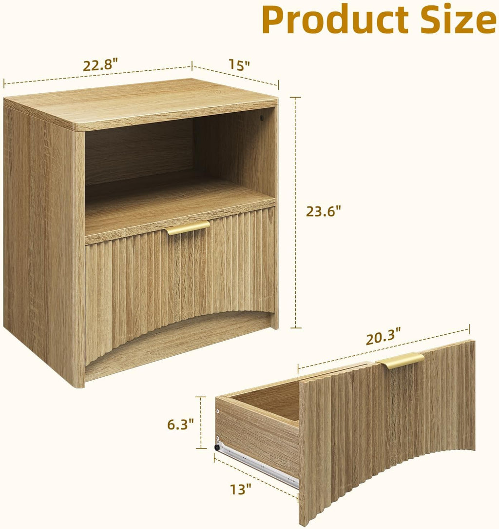 Fluted Nightstand Set of 2, MCM Mid Century Modern Bedside Tables with Drawer and Open Shelf, Minimalist Wood Bedside Table Fluted End Tables for Bedroom, Natural Oak