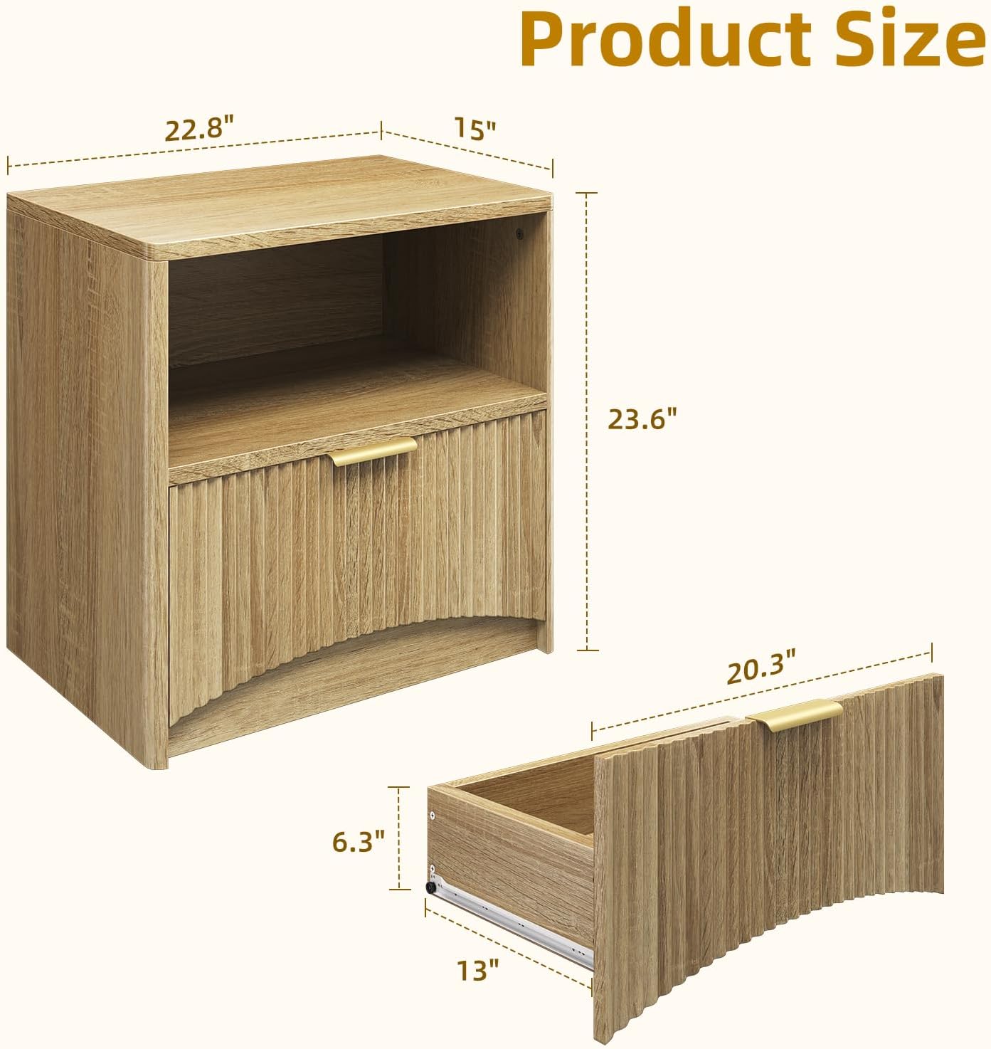 Fluted Nightstand Set of 2, MCM Mid Century Modern Bedside Tables with Drawer and Open Shelf, Minimalist Wood Bedside Table Fluted End Tables for Bedroom, Natural Oak