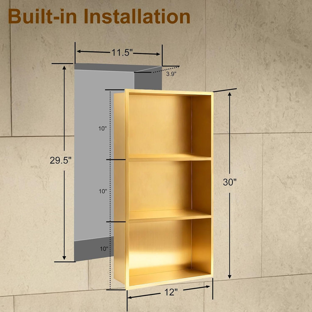 SaniteModar Shower Niche, Stainless Steel Shower Niche No Tile Needed, Recessed for Bathroom Storage (Brushed Gold, 12' x 30')