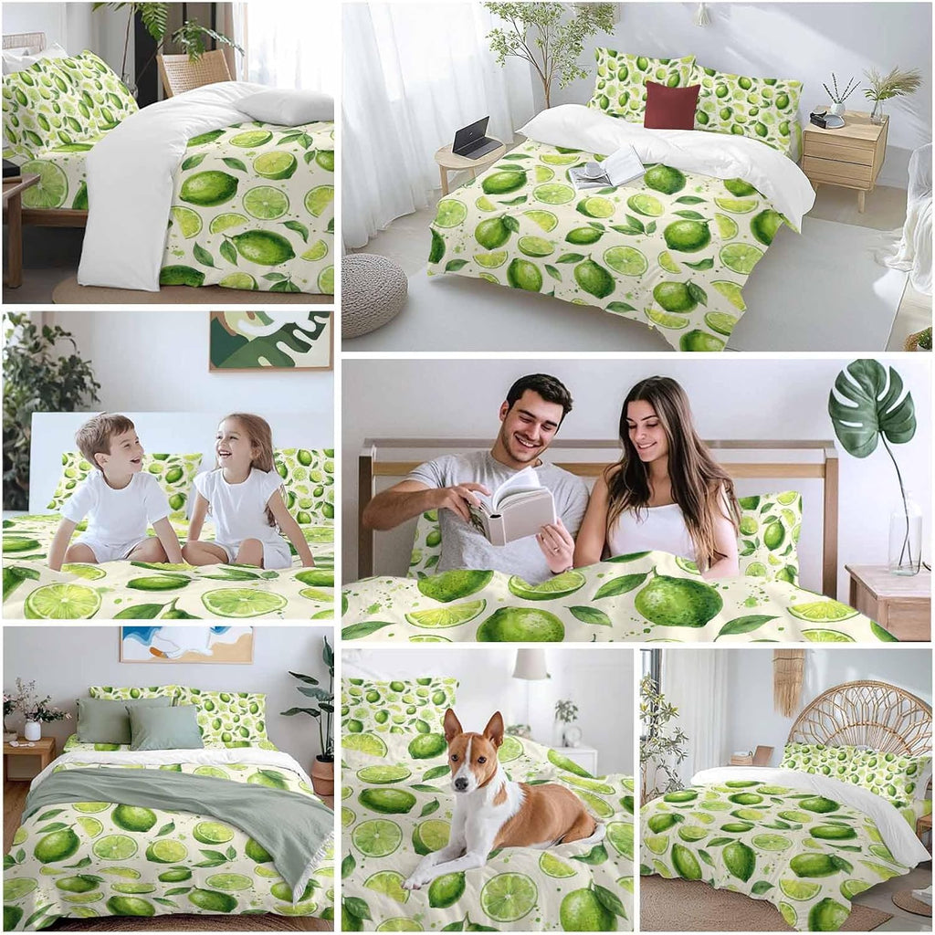 Summer Fruit Duvet Cover Set Queen Size 4 Pieces Watercolor Green Lemon Lime Slice Leaf Rustic Bedding Set with Zipper Closure, 1 Comforter Cover 92x106 Inches 1 Flat Sheet & 2 Pillow Cases
