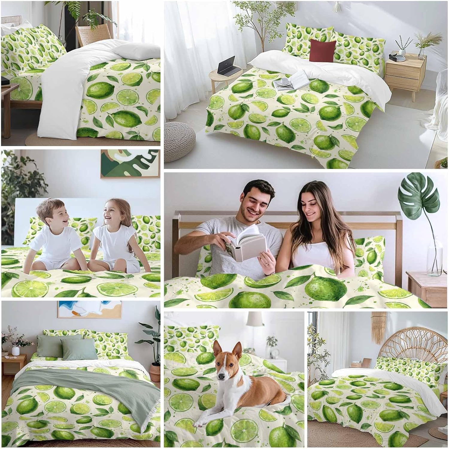 Summer Fruit Duvet Cover Set Queen Size 4 Pieces Watercolor Green Lemon Lime Slice Leaf Rustic Bedding Set with Zipper Closure, 1 Comforter Cover 92x106 Inches 1 Flat Sheet & 2 Pillow Cases