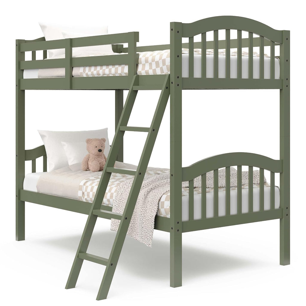 Storkcraft Long Horn Twin-Over-Twin Bunk Bed (Olive) - GREENGUARD Gold Certified, Converts to Two Twin Beds, Wood Bunk Bed for Kids Bedroom