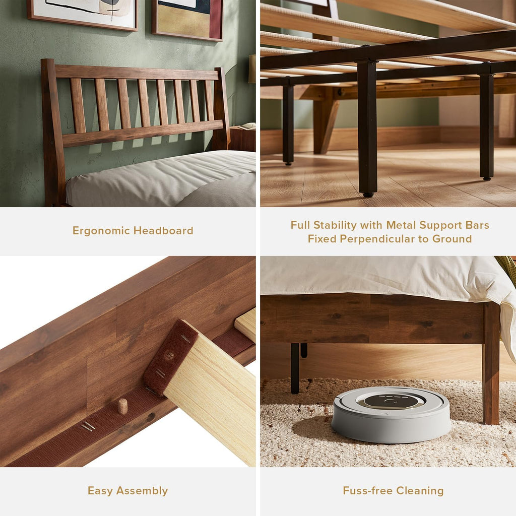 mopio Ted Bed Frame with Headboard, Mid Century Modern Acacia Solid Wood Platform Bed Frame, Wooden Slats, No Box Spring, Double Metal Bar Support (Solid Wood, Queen (U.S. Standard))