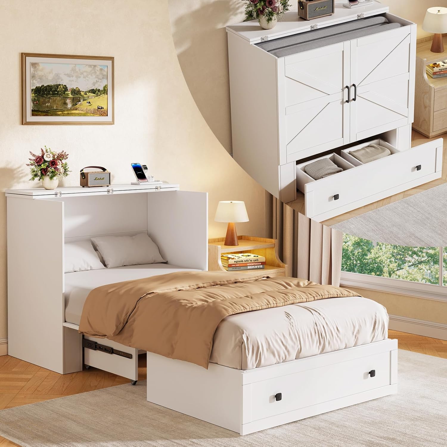 LIVAUVEAD Murphy Bed with Built-in Charging Station, Space-Saving Murphy Bed Chest Twin with Drawer, Foldable, for Home Office Guest Room Bedroom White