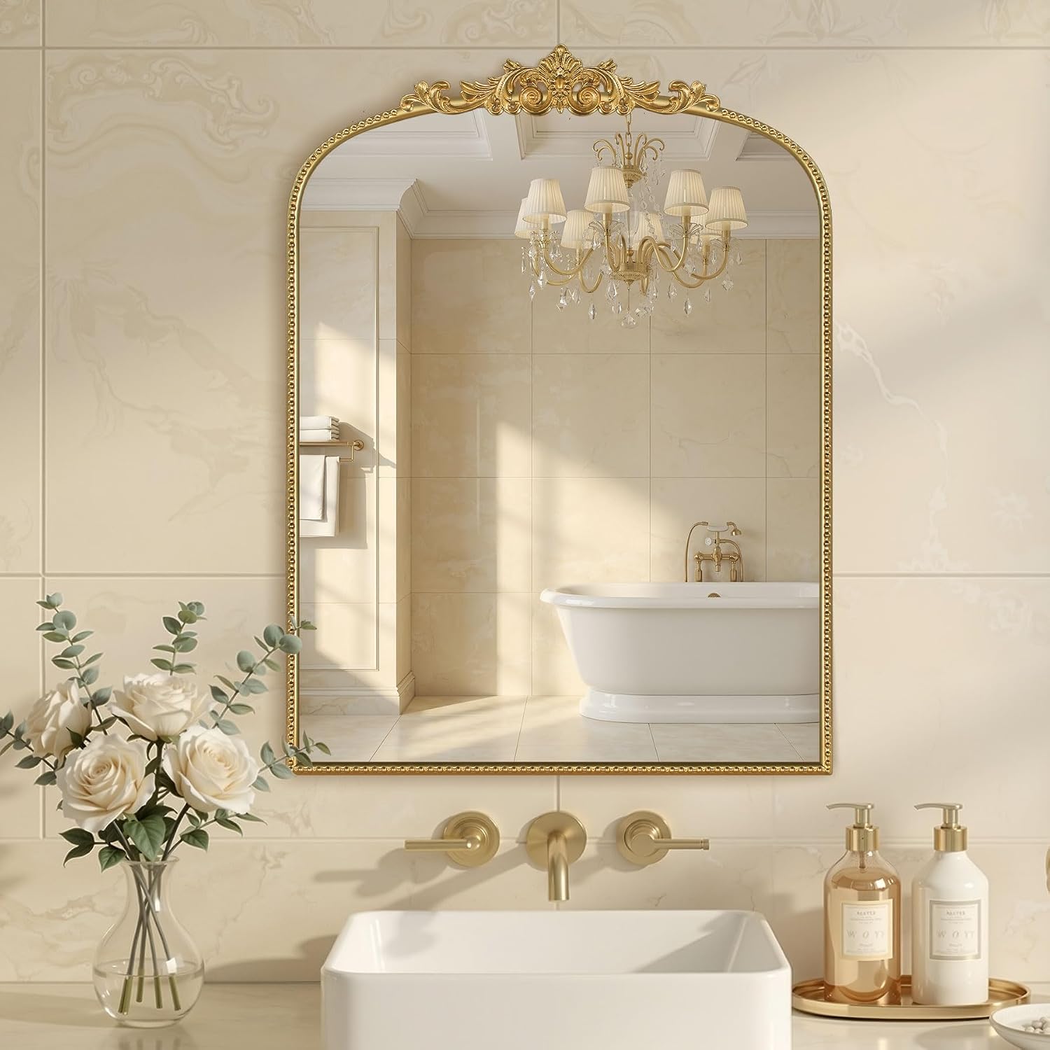 Gold Vintage Mirror 24x32 Inch, Laurel Leaf Ornate Beaded Frame Vertical Vanity Mirror, Antique Decorative Mirror for Bathroom, Bedroom, Entryway, Living Room