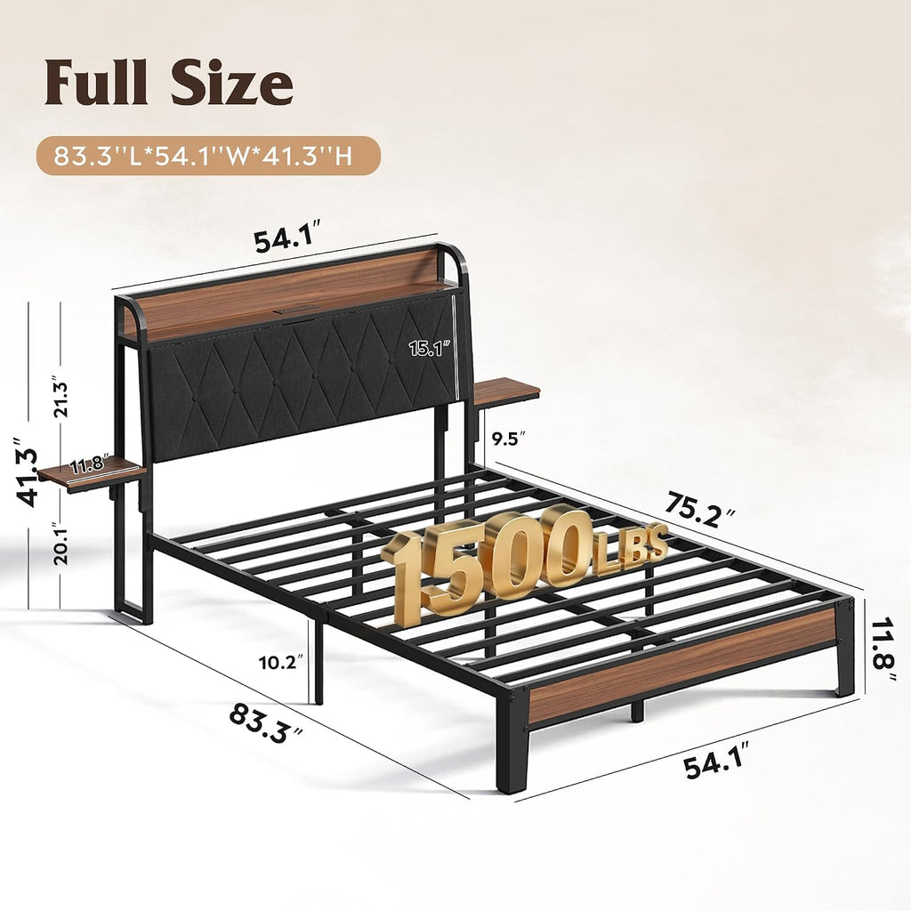 WLIVE Full Size Bed Frame with Headboard, Upholstered Bed Frame with 2 Storage Shelves, Platform Bed with LED Lights and Charging Station, 1500LBS Mattress Foundation, No Box Spring Needed, Black