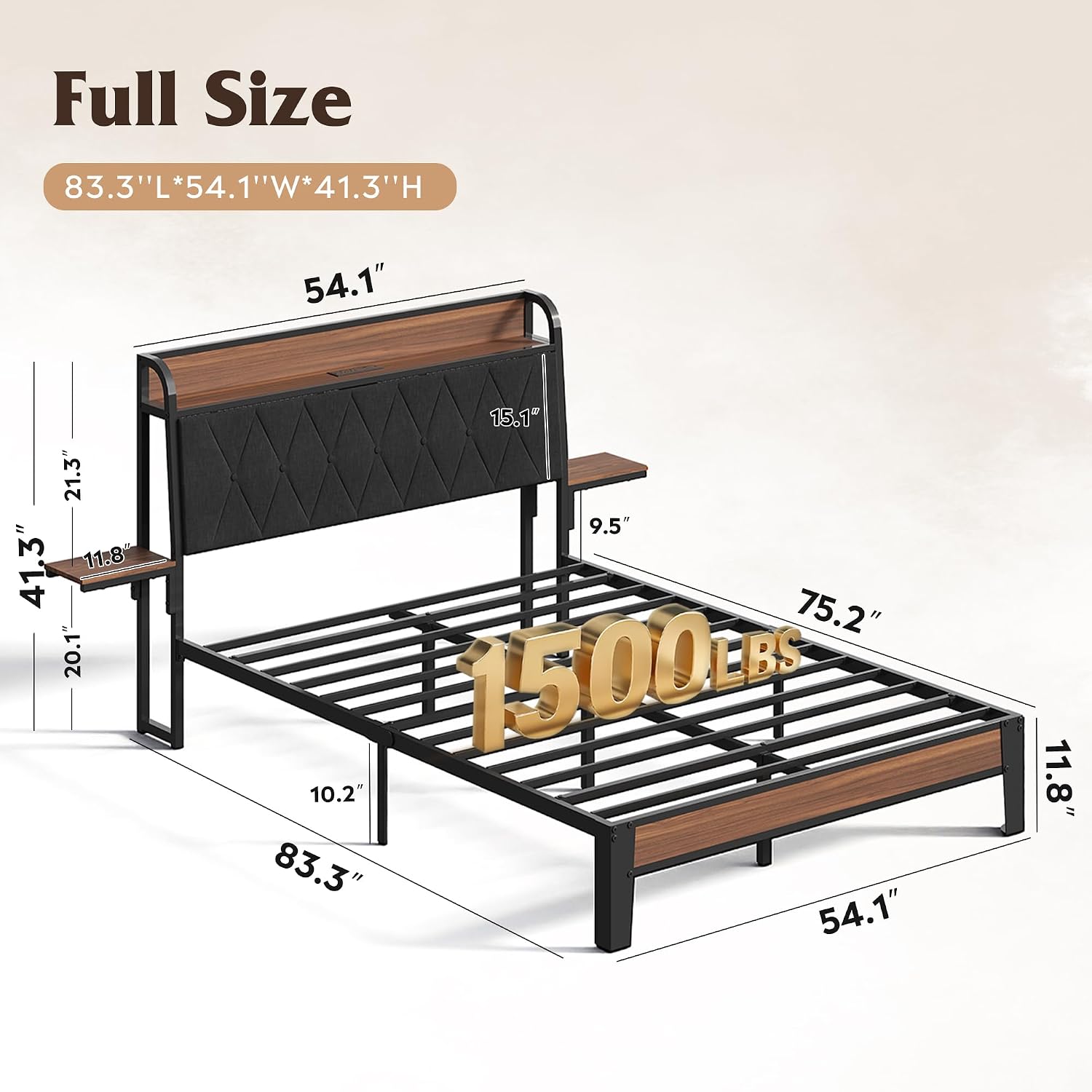 WLIVE Full Size Bed Frame with Headboard, Upholstered Bed Frame with 2 Storage Shelves, Platform Bed with LED Lights and Charging Station, 1500LBS Mattress Foundation, No Box Spring Needed, Black