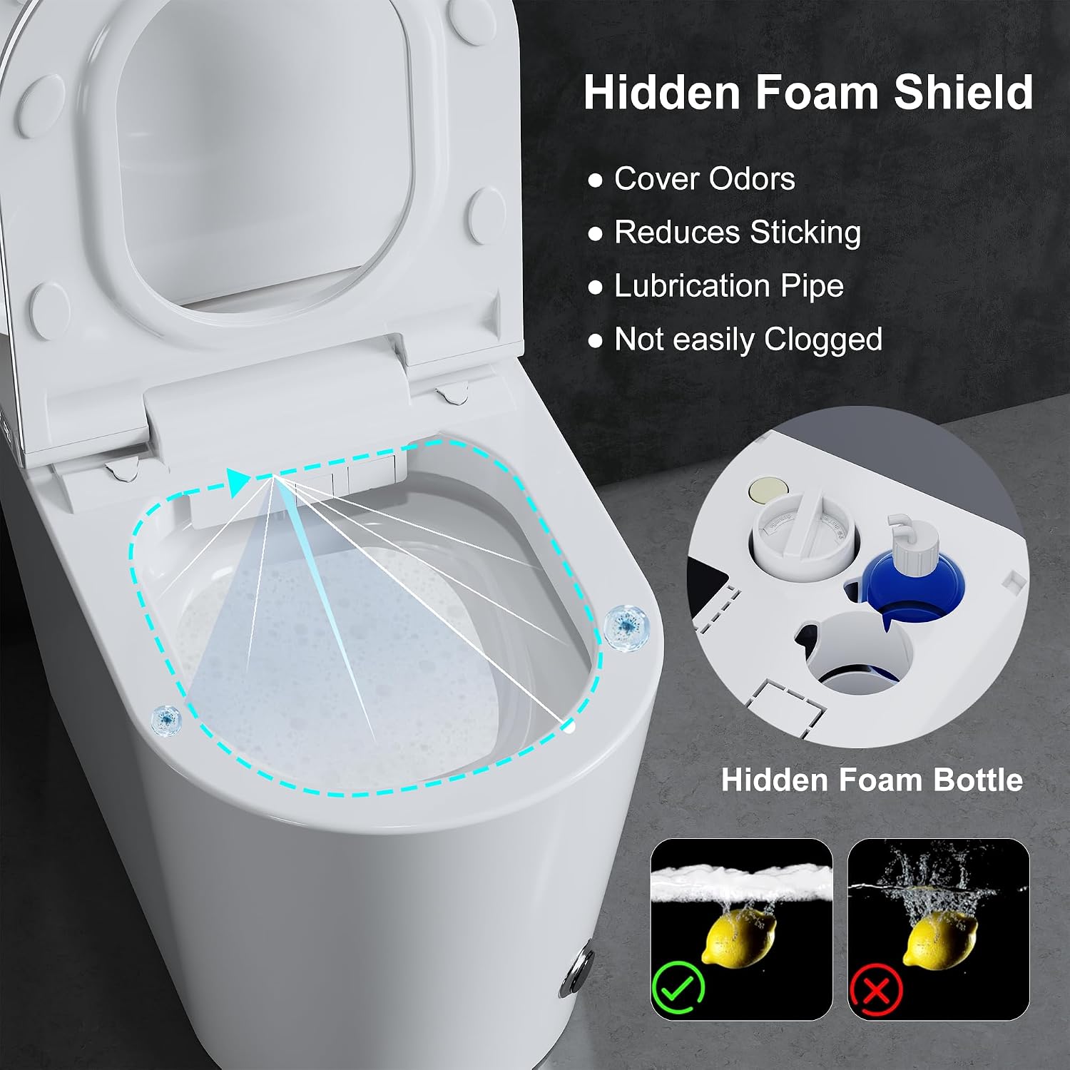 Smart Toilet with Bidet in with Ambient Lighting,Foam Shield & Blackout Flush,Electric Toilet Heated Seat for Bathrooms, Multiple Cleaning Modes