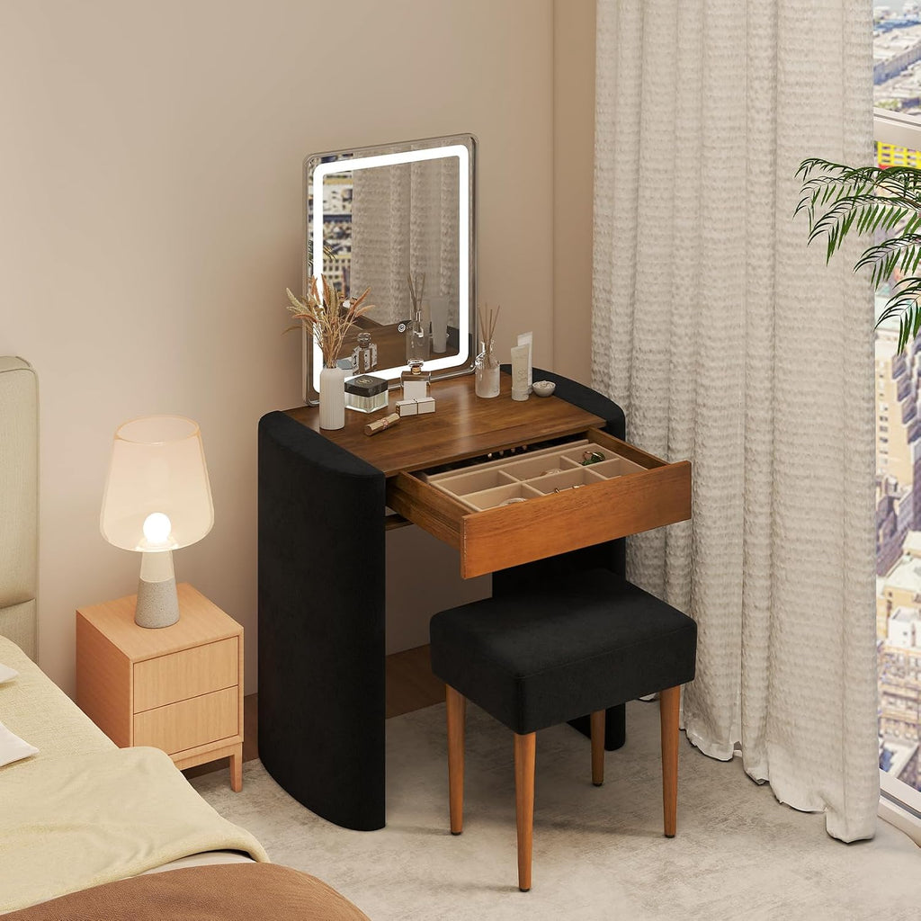 Small Makeup Vanity Desk with Lighted Mirror - Solid Wood Compact Bedroom Make Up Dressing Table with Adjustable Brightness Mirror & Drawer & Chair, Easy Assembly Classic Modern Set, Black