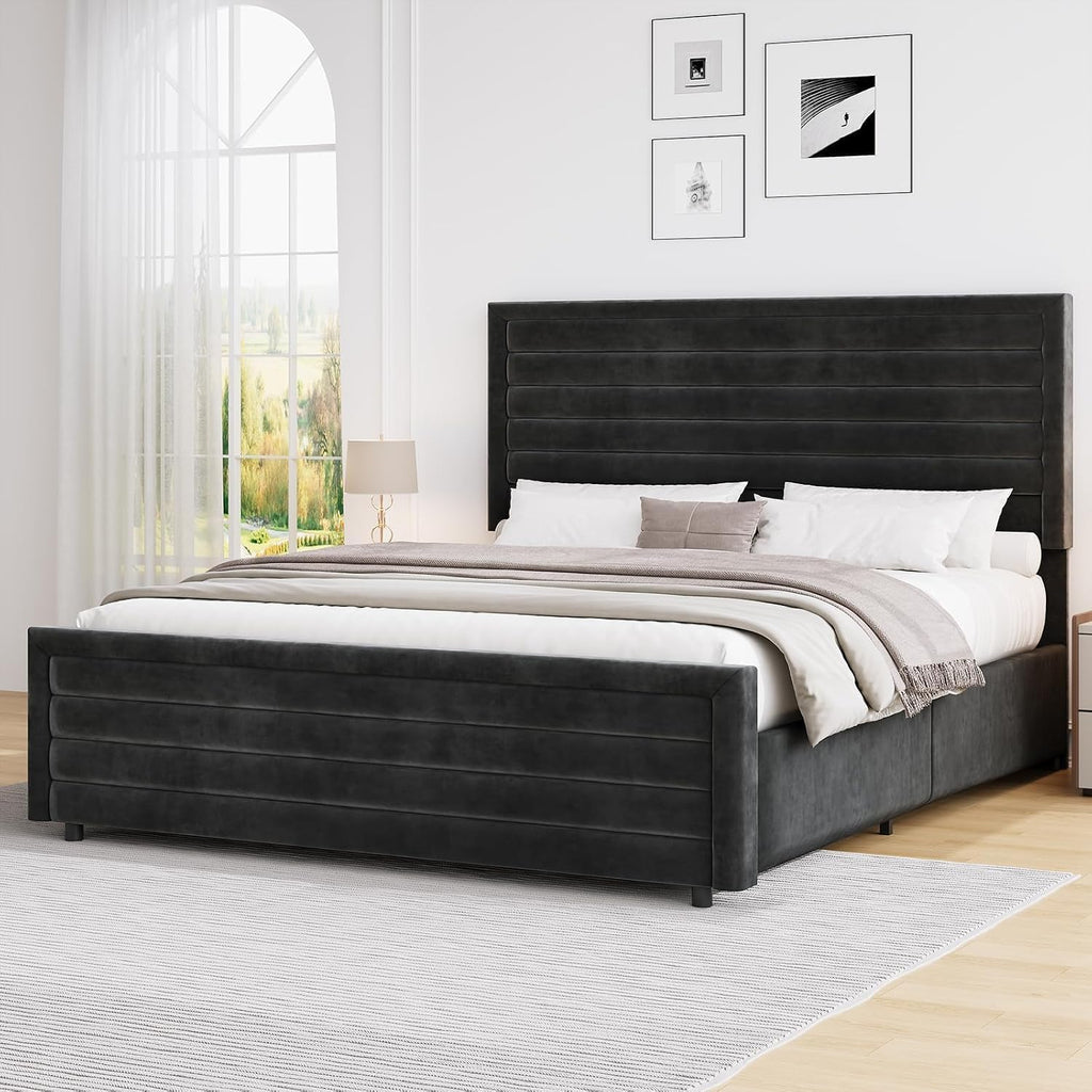 REVOMINCA Queen Bed Frame, Queen Platform Bed Frame with Velvet Upholstered Headboard, No Box Spring Needed, Easy Assembly, Black