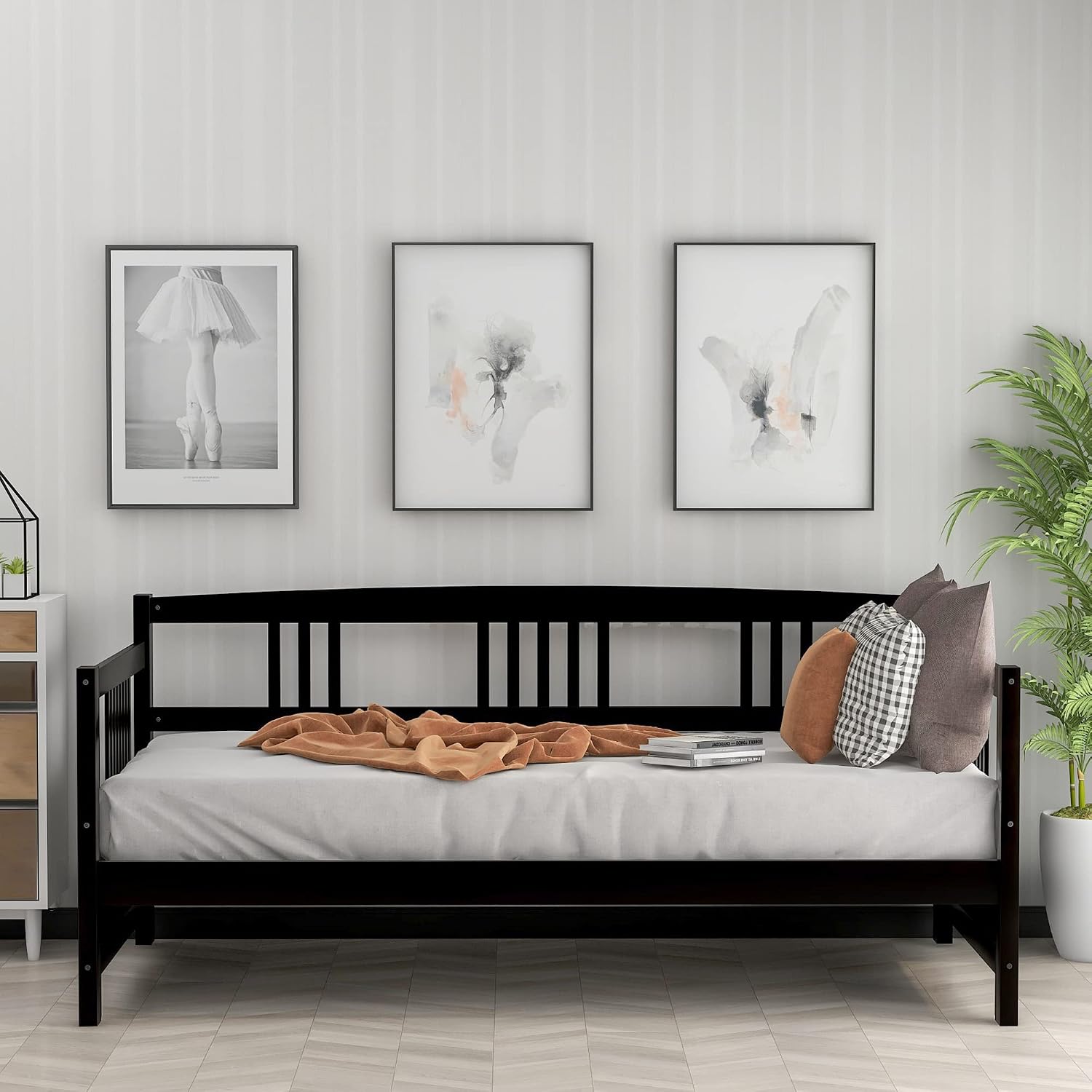 Merax Daybed Twin Bed Wooden Slats Support Modern Living Daybed with Rails, Twin Size, Dark Espresso