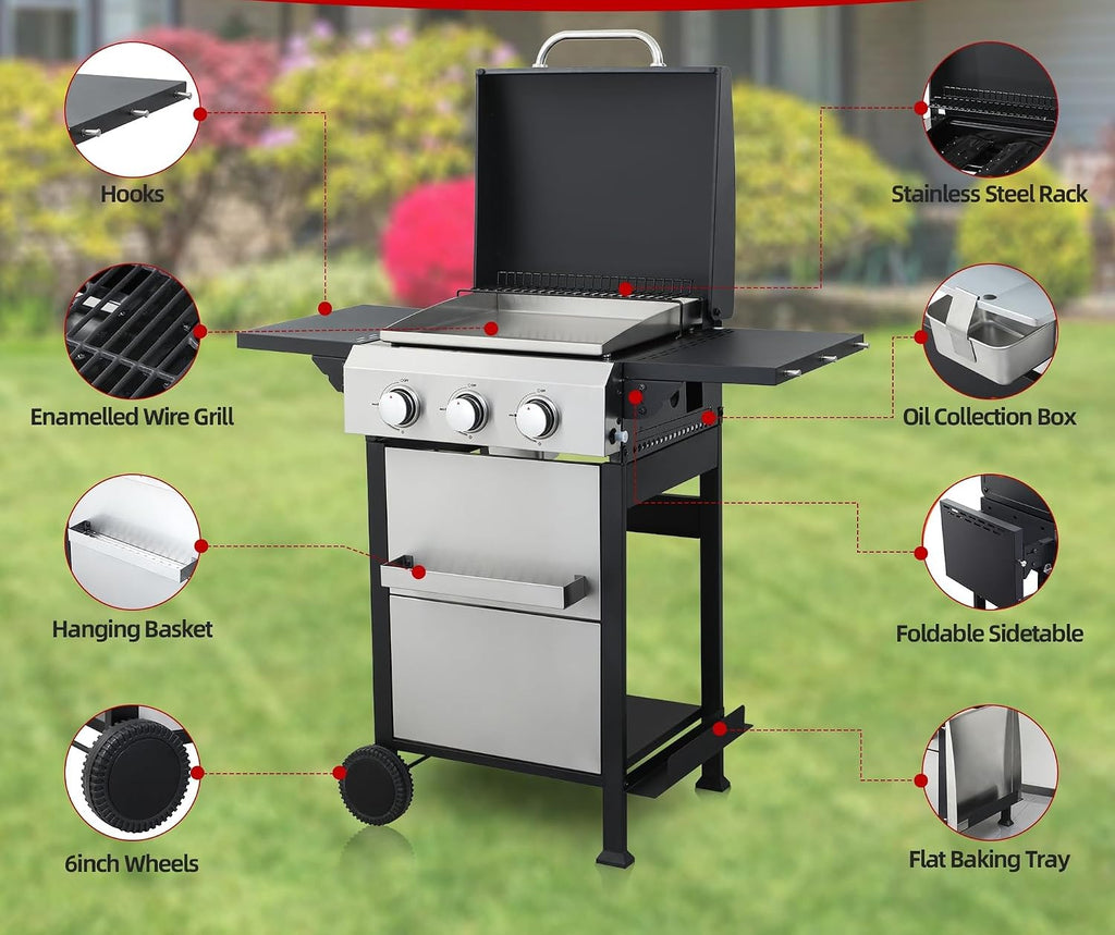 3-Burner Flat Top Propane Gas Grill Stainless Steel Griddle Combo with Foldable Side Table, 36,900 BTU Outdoor BBQ Grill, Porcelain-Enameled Cast Iron Grids, for Backyard, Patio Cooking