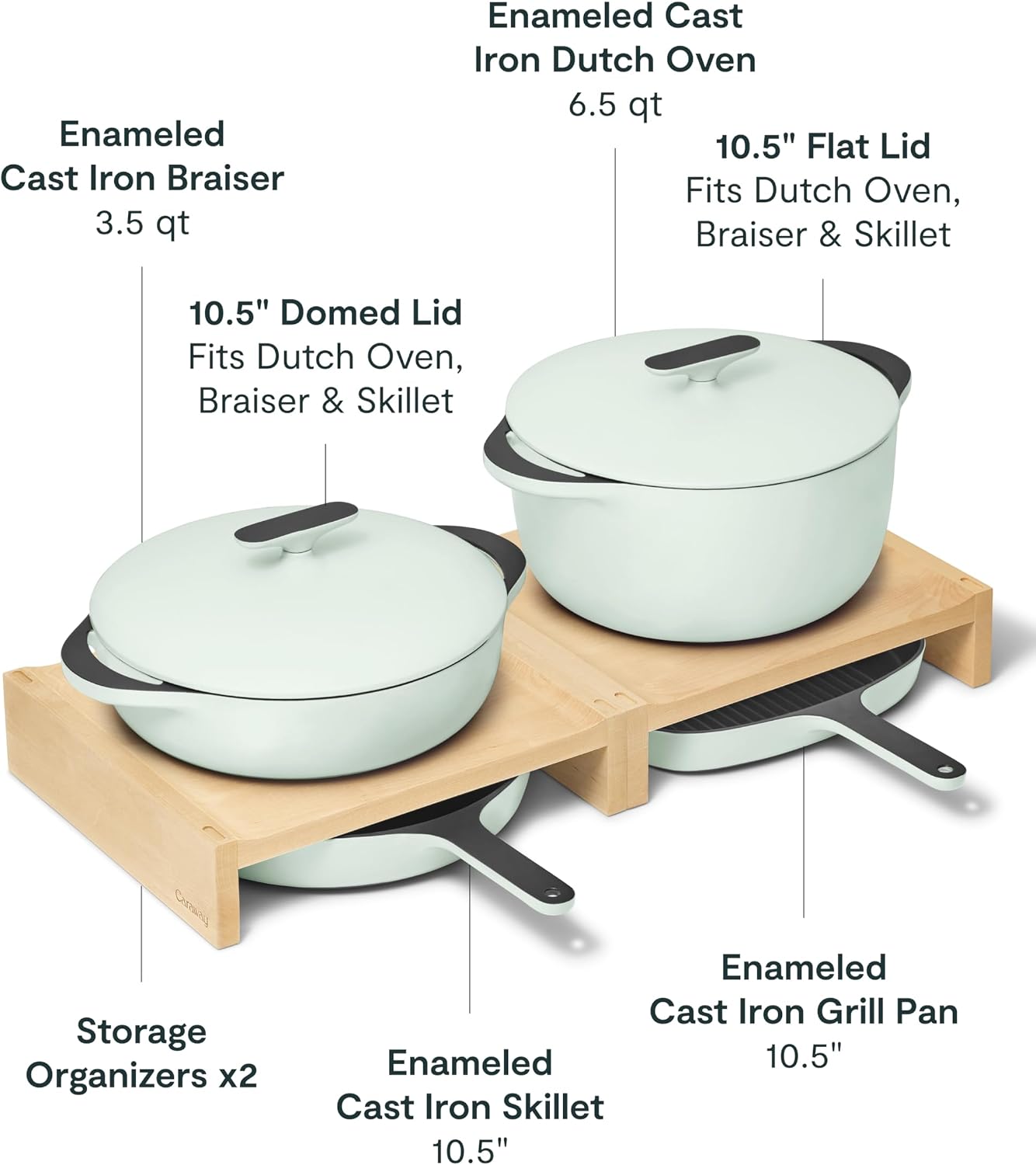 Caraway 8-Piece Enameled Cast Iron Set - 10.5' Skillet, Grill Pan, 3.5 qt Braiser Pan, 6.5 qt Dutch Oven with Lid and Organizers - Non-Toxic 3-Layer Enamel Coating - No Seasoning Required - Light Mist