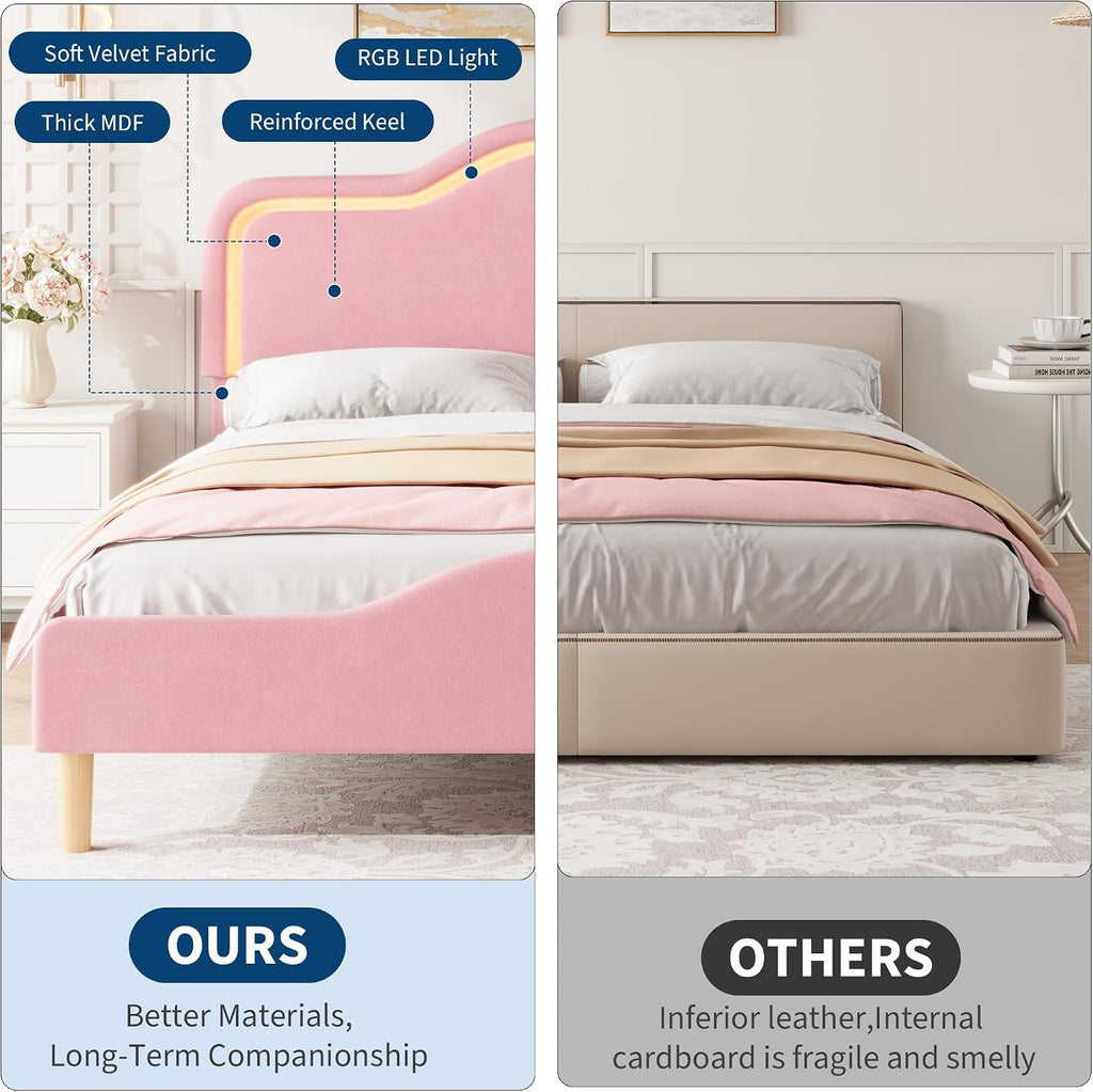 IDEALHOUSE Full Size Bed Frame with LED Lights, Velvet Upholstered Platform Bed with Adjustable Headboard for Kids/Girls, Wooden Slats Support, No Box Spring Needed, Pink