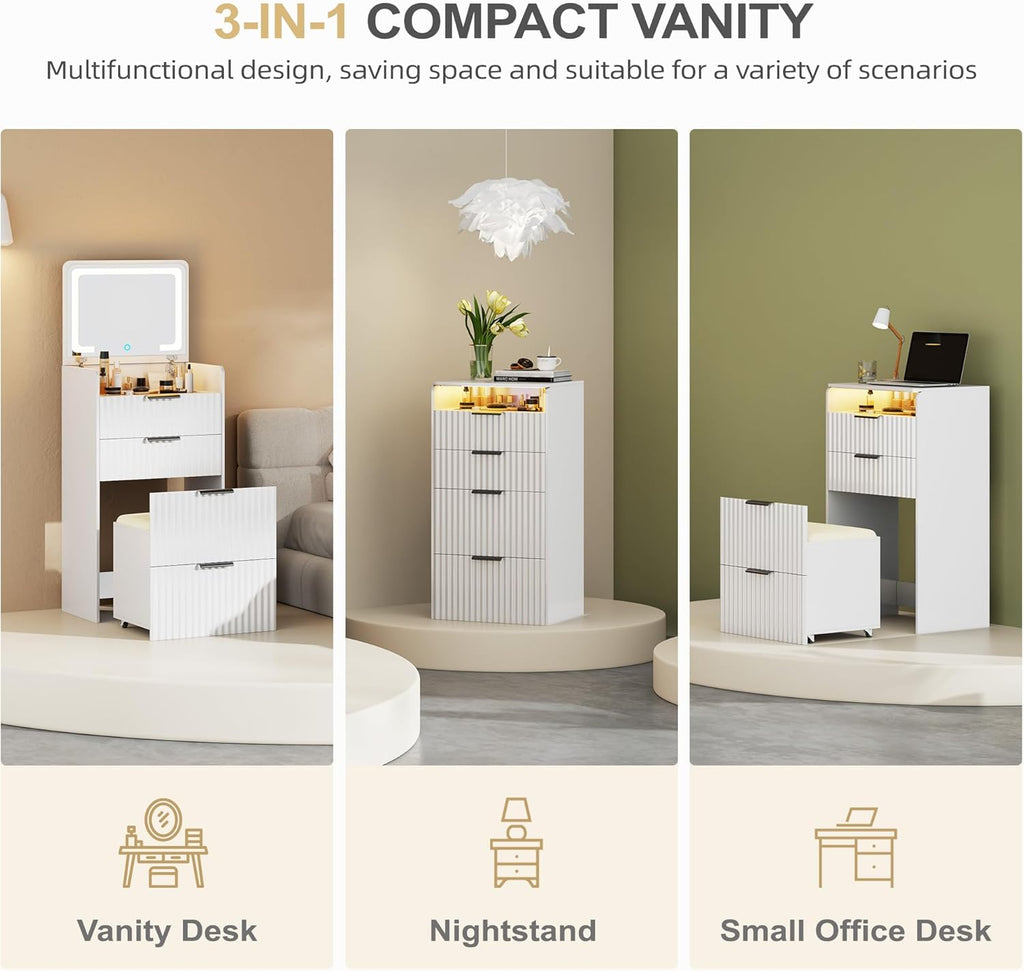 Lvifur 3 in 1 Small Vanity Desk with Plip Top Mirror,Makeup Vanity Set with Visible Glass Desktop,Compact Vanity with 3 Drawers,Storage Compartment and Padded Stool,Dressing Table for Bedroom,White