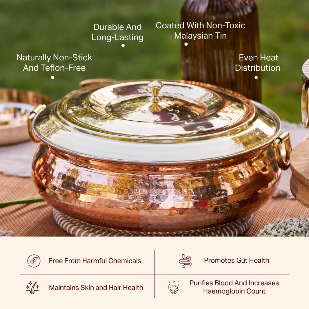 P•TAL Copper Hammered Lagaan 10L | Tin Coated with Brass Lid | 100% Pure Copper Degchi for Cooking Biryani Handi Ptal Brass Utensils for Kitchen