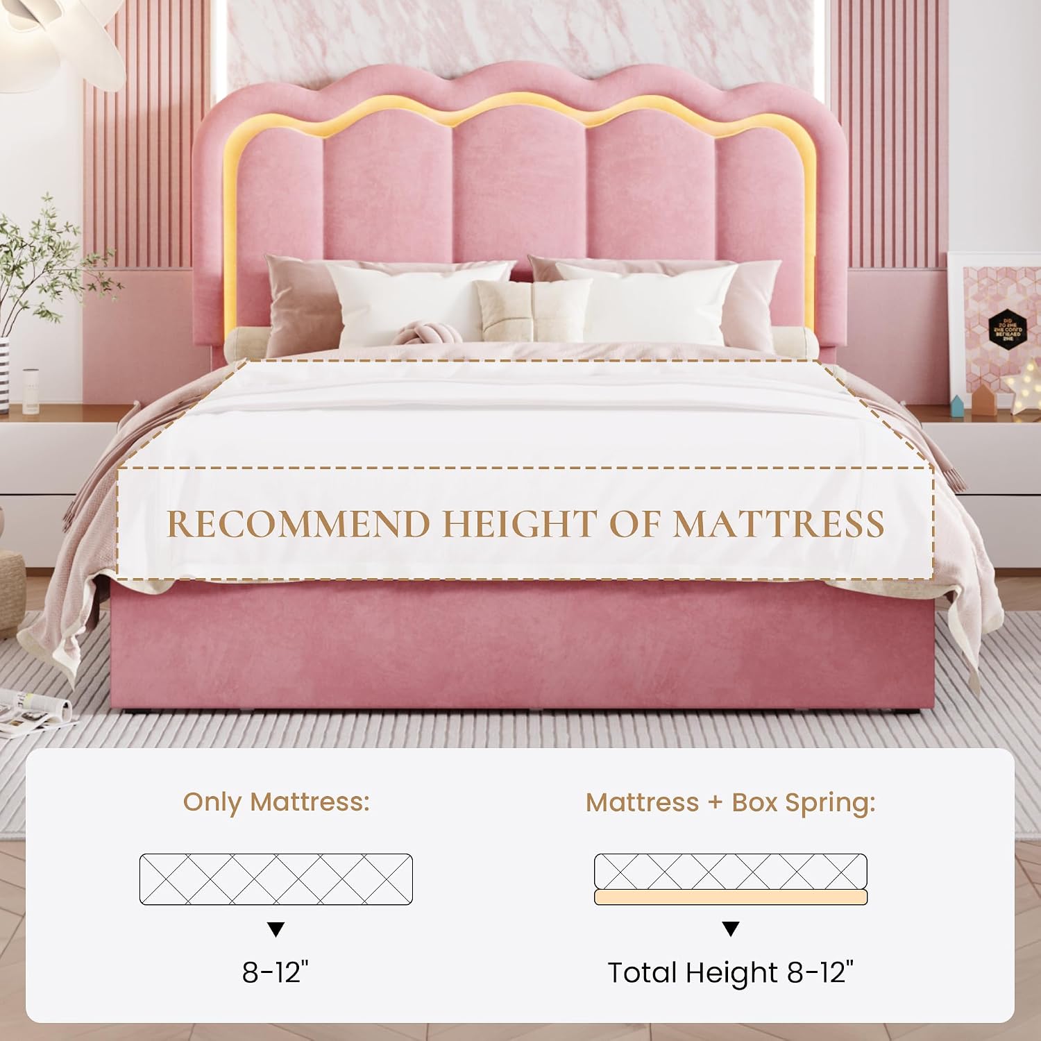 SHA CERLIN Upholstered Queen Size Bed Frame with LED Lights and Large Storage Drawer, Velvet Platform Bed with Adjustable Wavy Headboard, Noise Free, Easy Assembly, No Box Spring Needed, Soft Pink