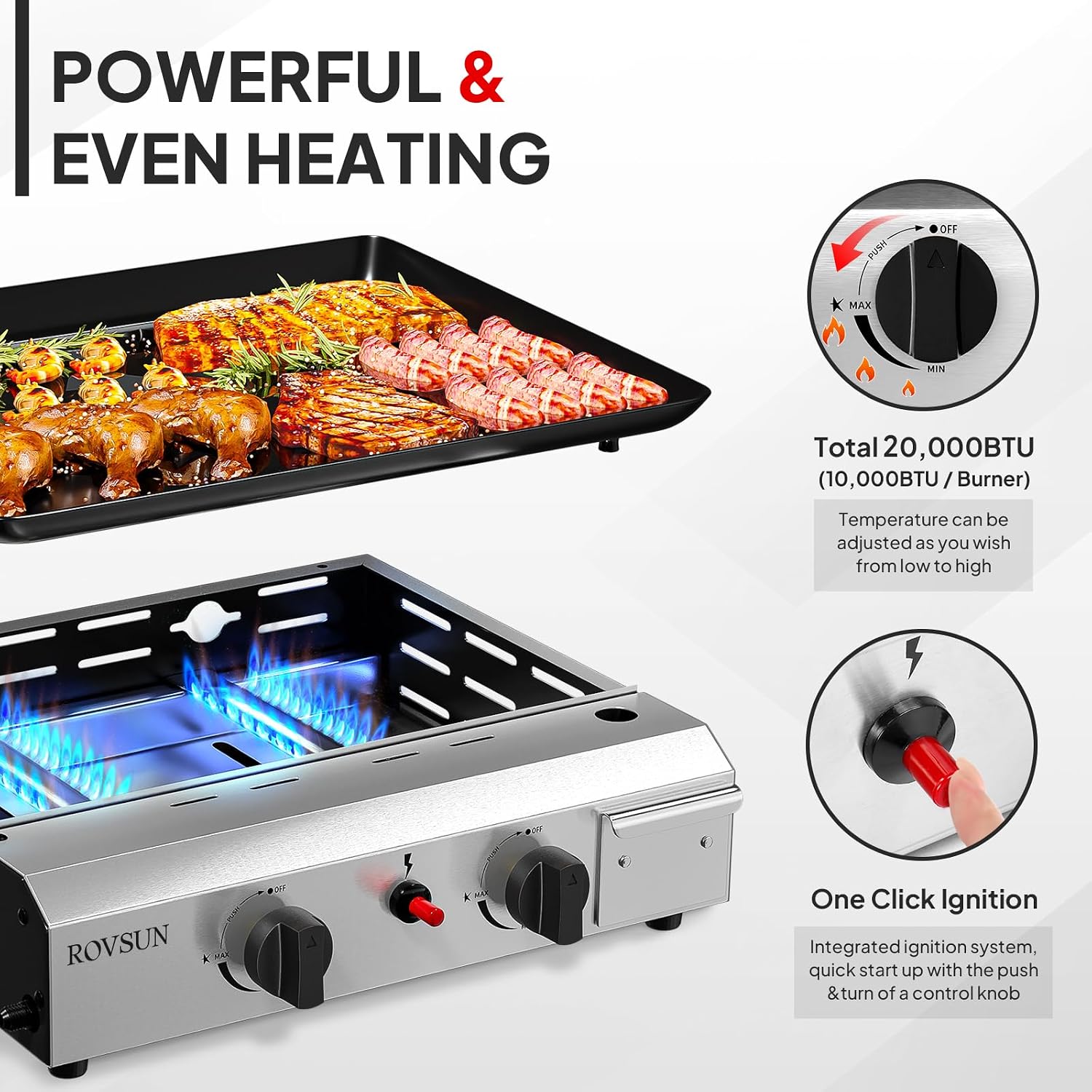 Bonnlo 2 Burner Portable Propane Griddle, 20,000BTU Gas Grill with Enameled Tray, Rolling Flat Top Grill with Electronic Ignition, Side Shelve & Regulator, Ideal for Outdoor Patio Cooking BBQ