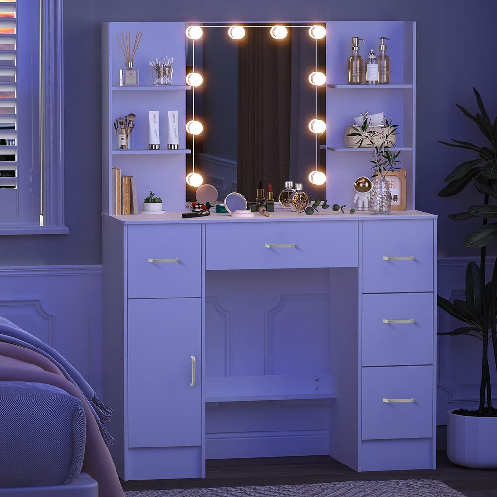Makeup Vanity Desk with Mirror and Lights, Makeup Vanity Table and Chair Set, Makeup Desk with 5 Drawers & Storage Shelves, 3 Color Modes Adjustable, Vanity Set with Mirror, Dressing Table for Bedroom